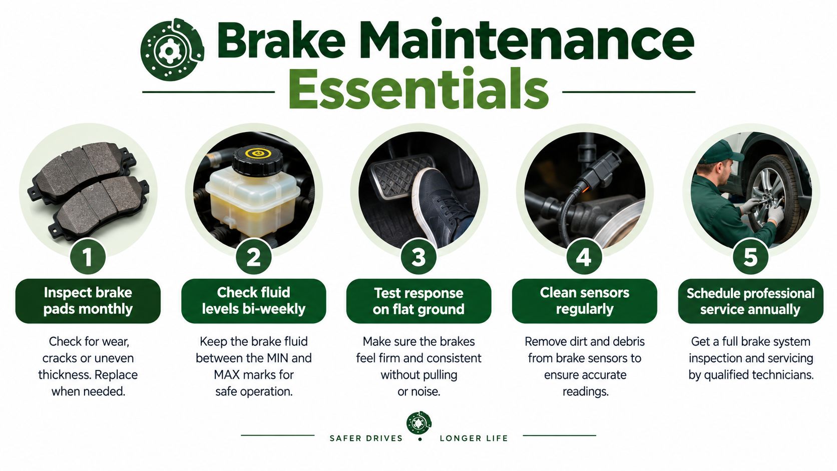 An infographic titled Brake Maintenance Essentials, illustrating five key steps for maintaining a vehicle braking system.