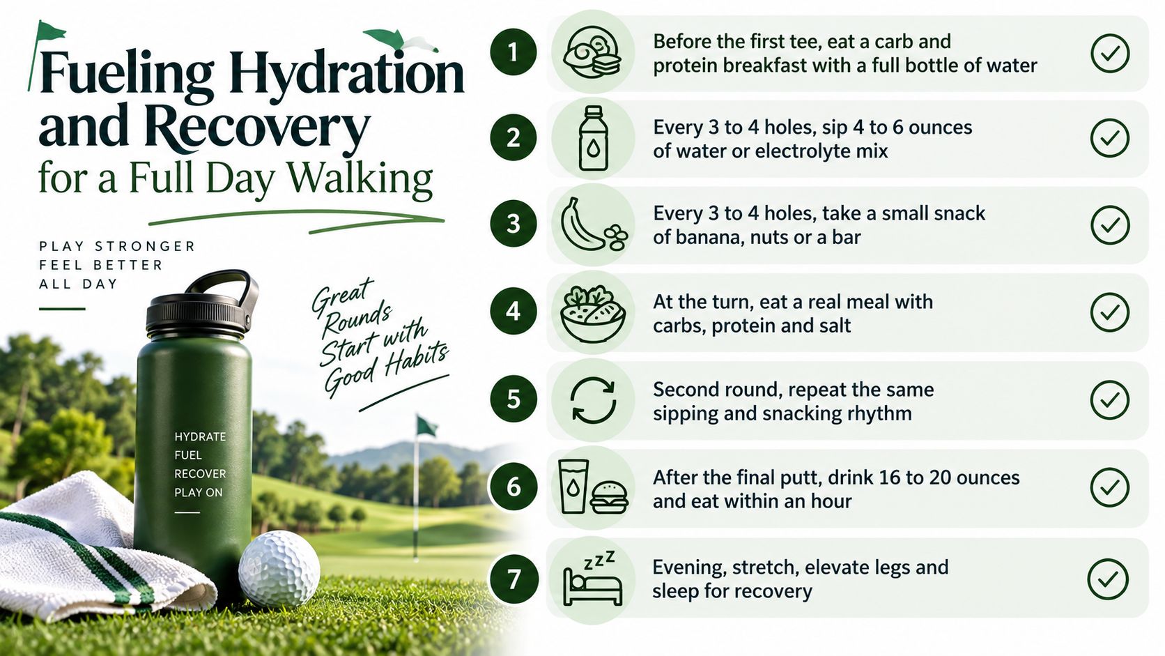 An infographic detailing nutrition and hydration tips for golfers walking 36 holes in a single day.