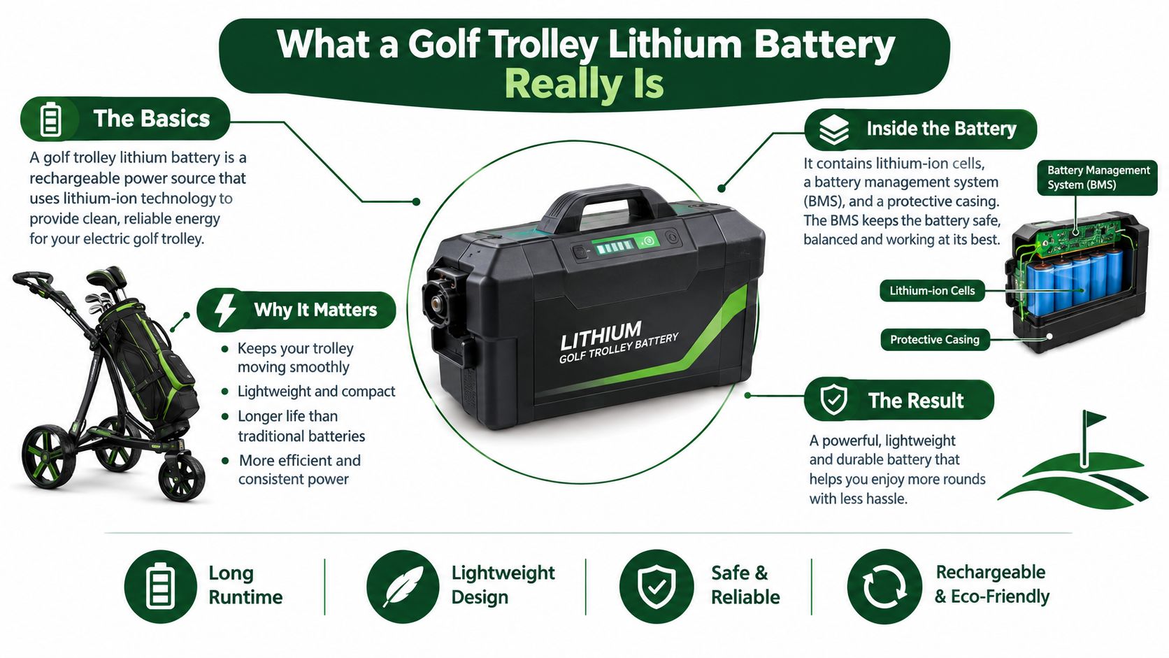 An infographic detailing the components and benefits of a rechargeable lithium battery for golf trolleys.
