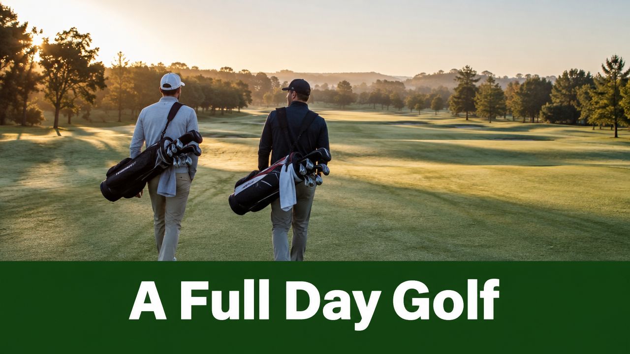 Two male golfers walking together on a lush green golf course during a bright sunny morning.