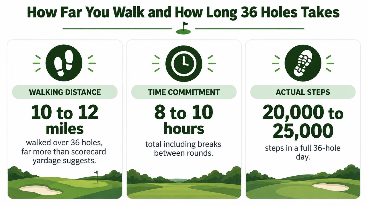 An infographic showing walking distance, time commitment, and steps for playing 36 holes of golf.