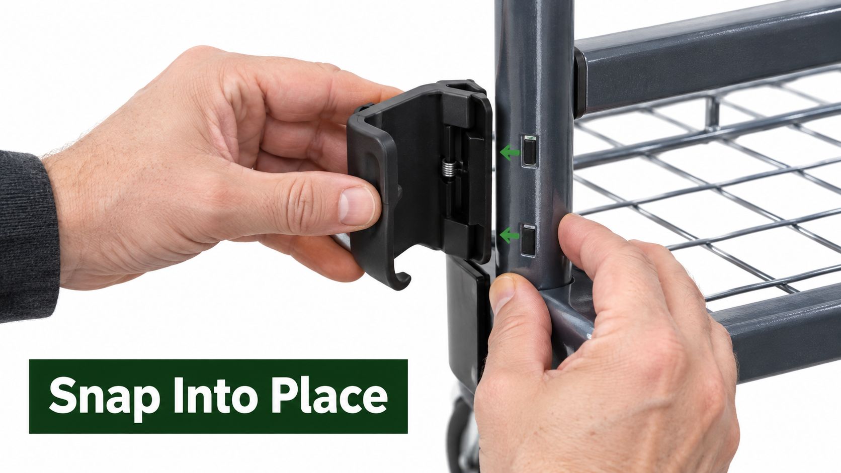 A pair of hands demonstrates how to snap a black plastic bracket onto the gray metal frame.