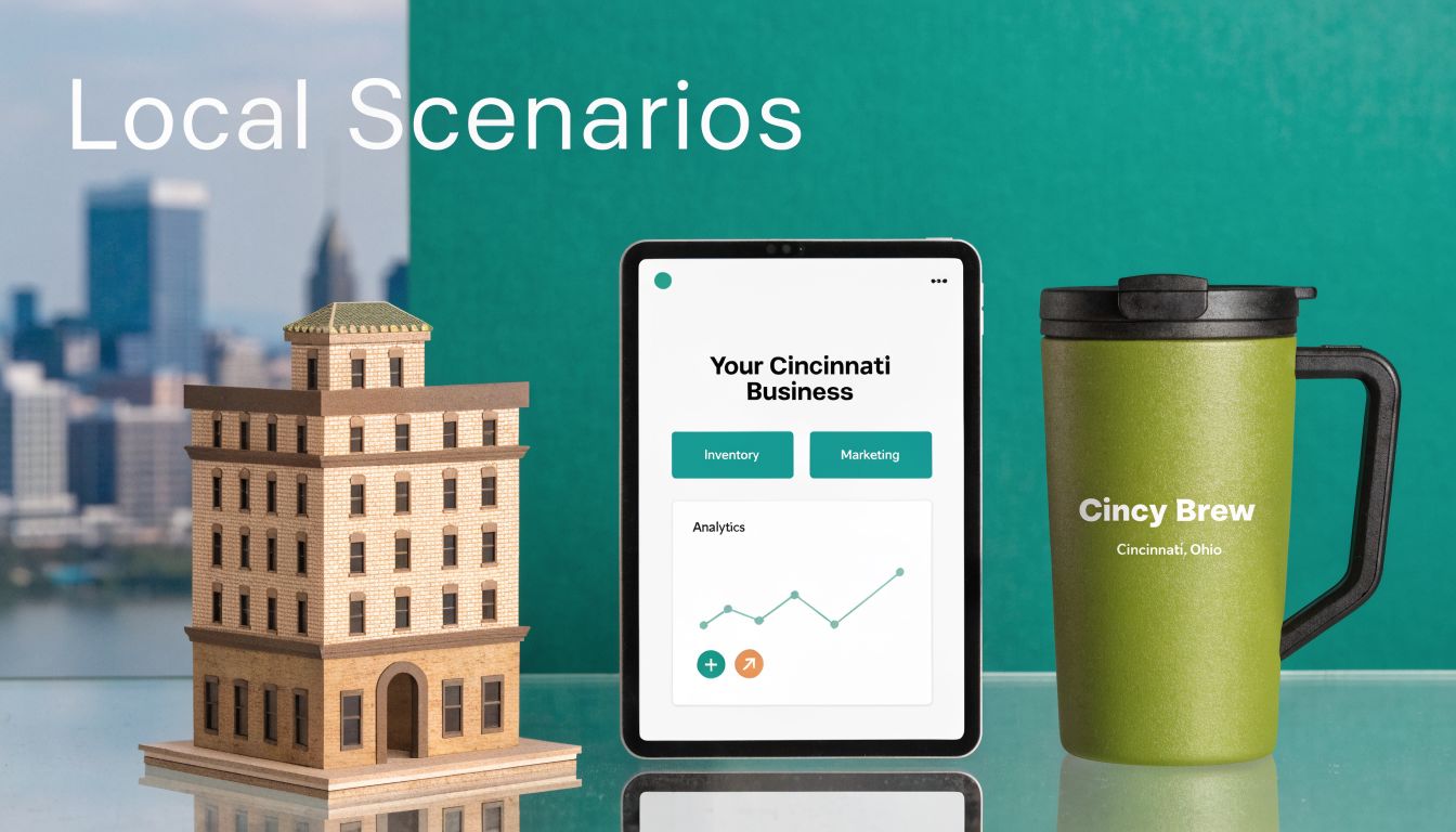 A miniature building, tablet showing business analytics, and a green Cincy Brew coffee mug.