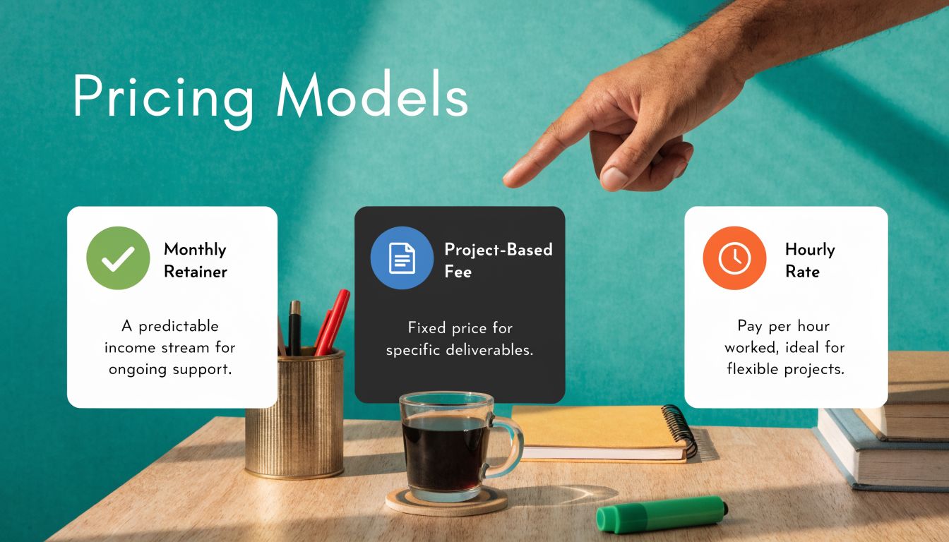 A hand pointing to a presentation board showing three pricing models: monthly retainer, project-based fee, and hourly rate.
