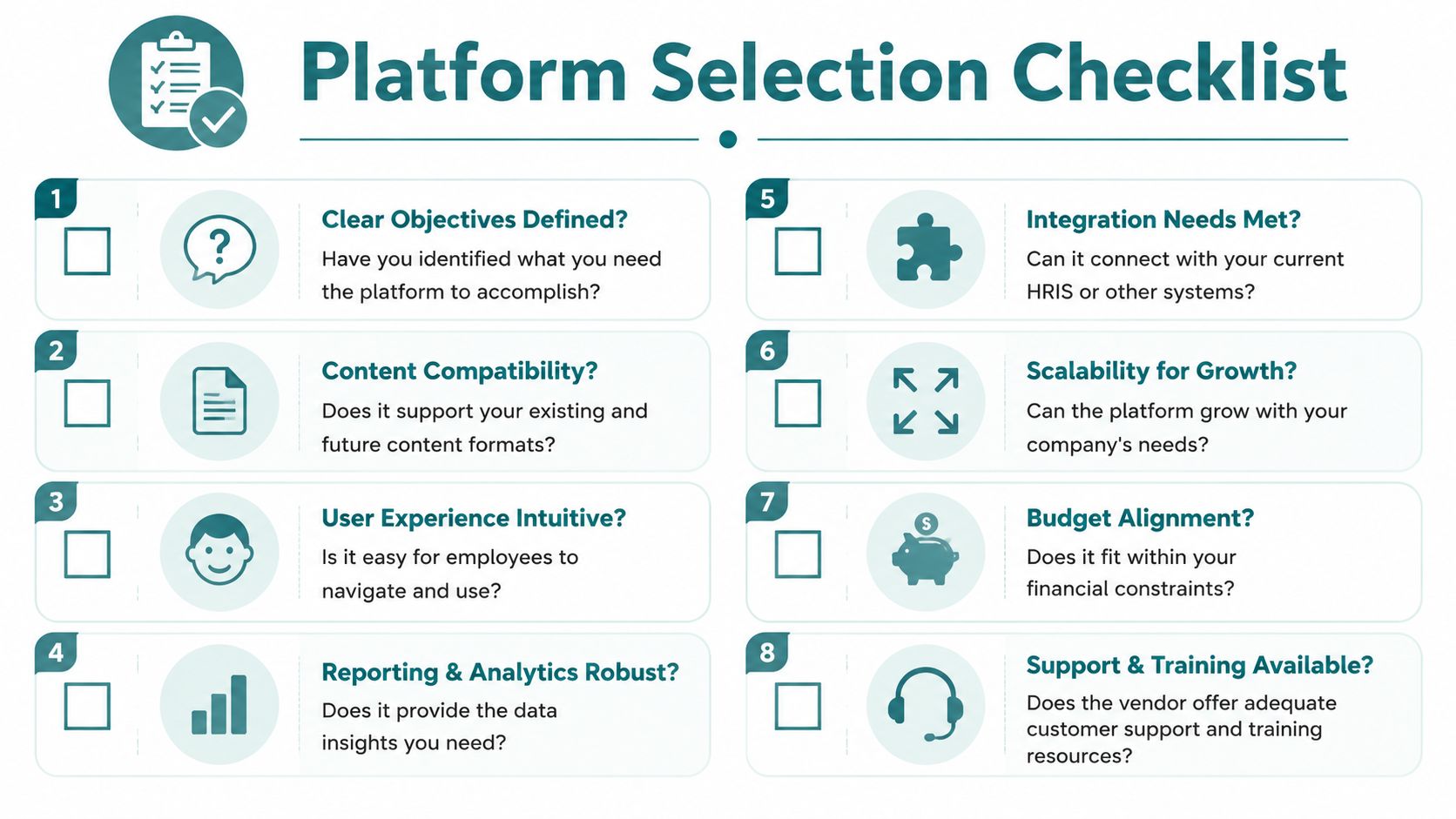 An informative infographic titled Platform Selection Checklist listing eight key questions to consider for organizational software.