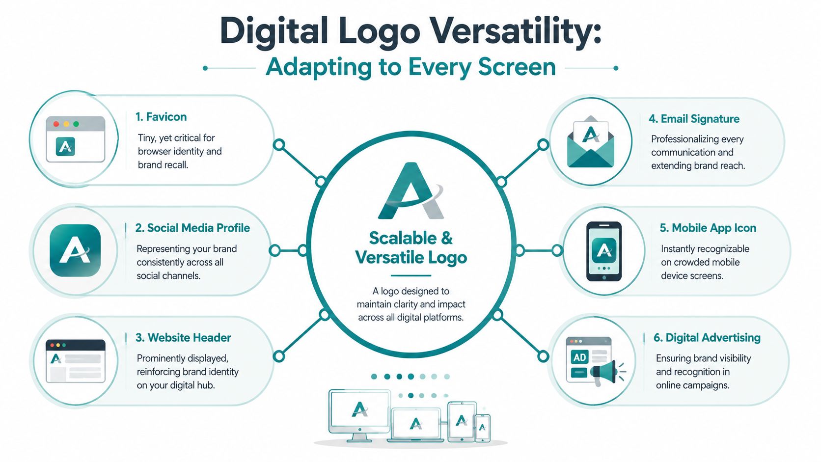 A diagram illustrating how a scalable and versatile brand logo adapts effectively across six digital platforms.