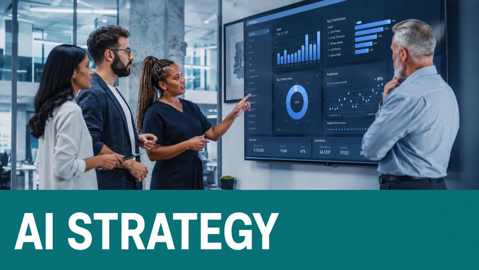 A diverse team of professionals discussing data analytics presented on a large digital screen in an office.