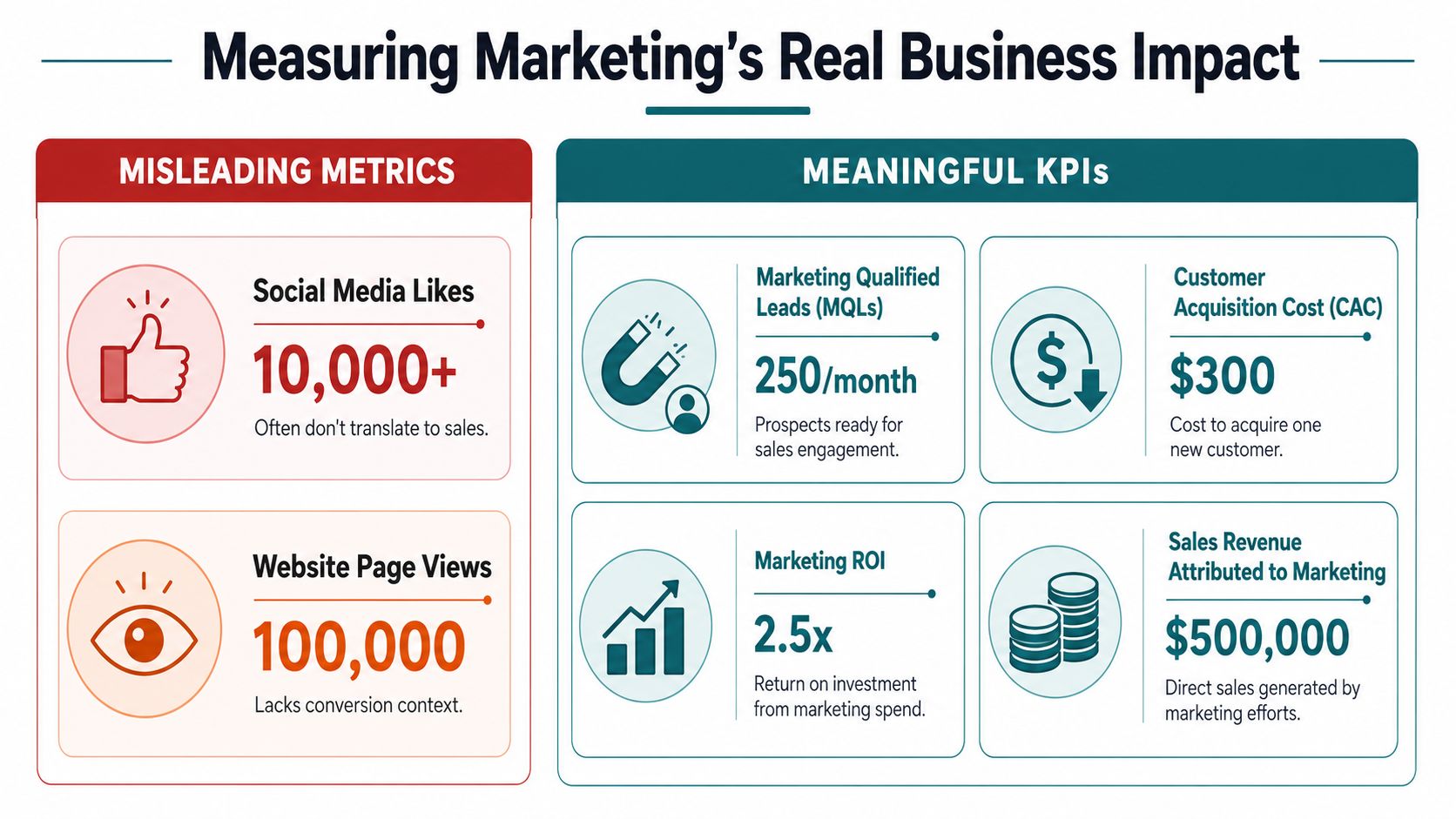 A comparison chart showing misleading marketing metrics versus meaningful key performance indicators for business growth.