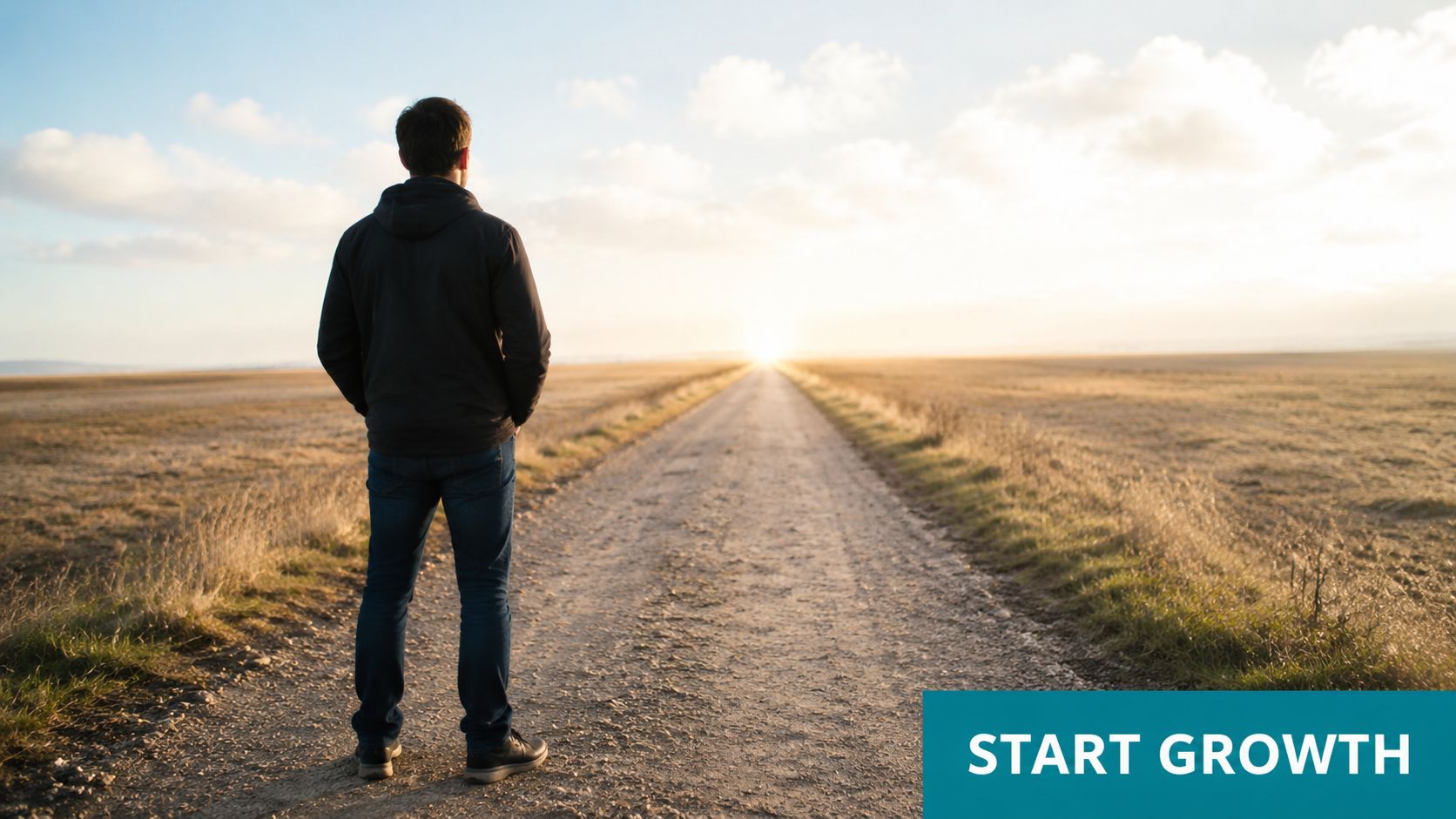 A young man standing on a long gravel road looking towards the sunset in the distance.