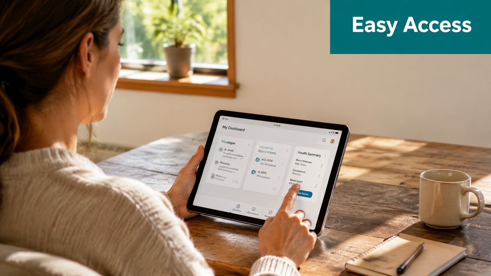 A woman using a tablet device to manage her personal health dashboard at a wooden table.