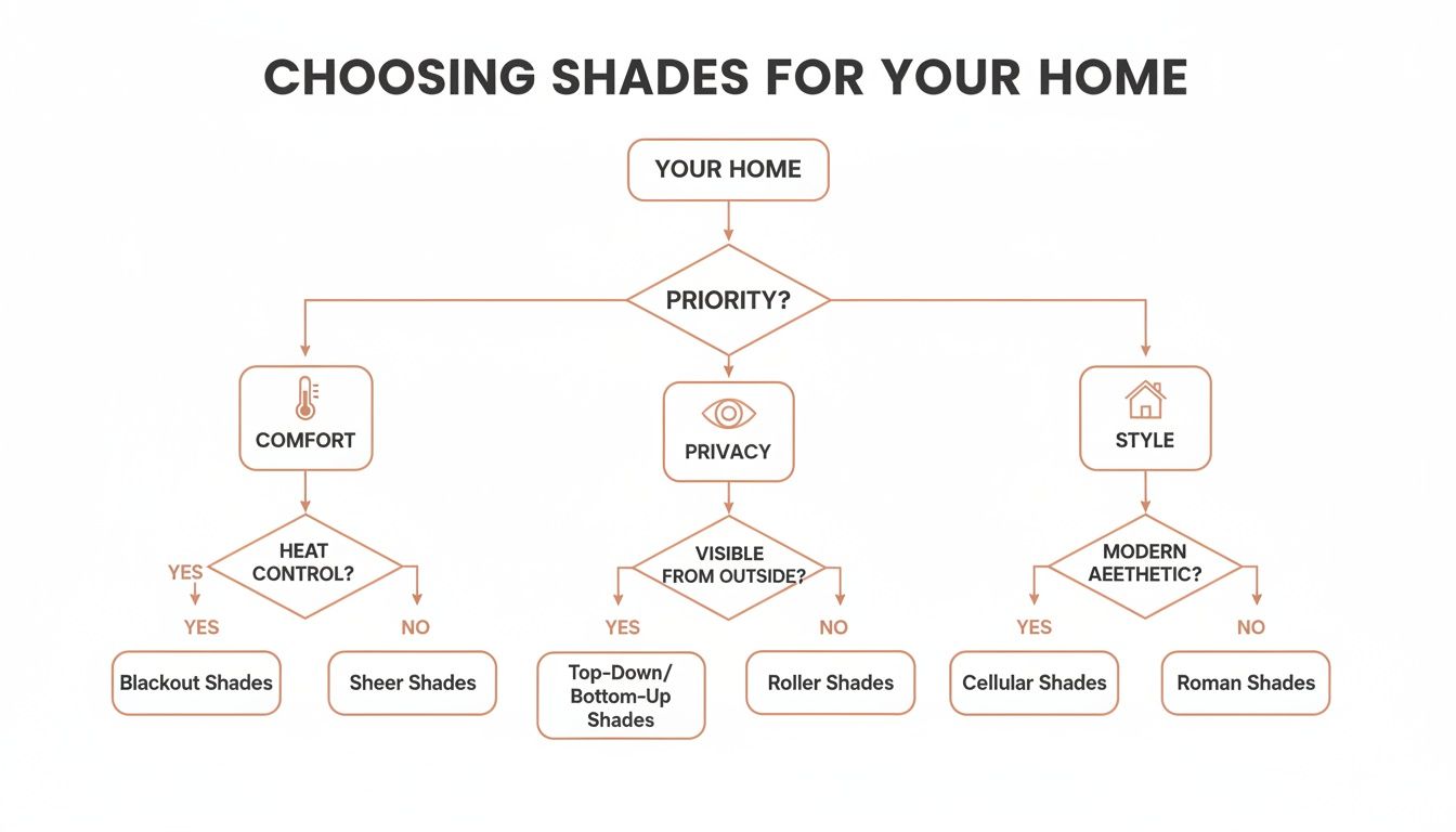 Westchester Window Fashions | How to Choose Window Shades: A Westchester Homeowner’s Guide flowchart guiding homeowners to choose window shades based on comfort, privacy, and style.