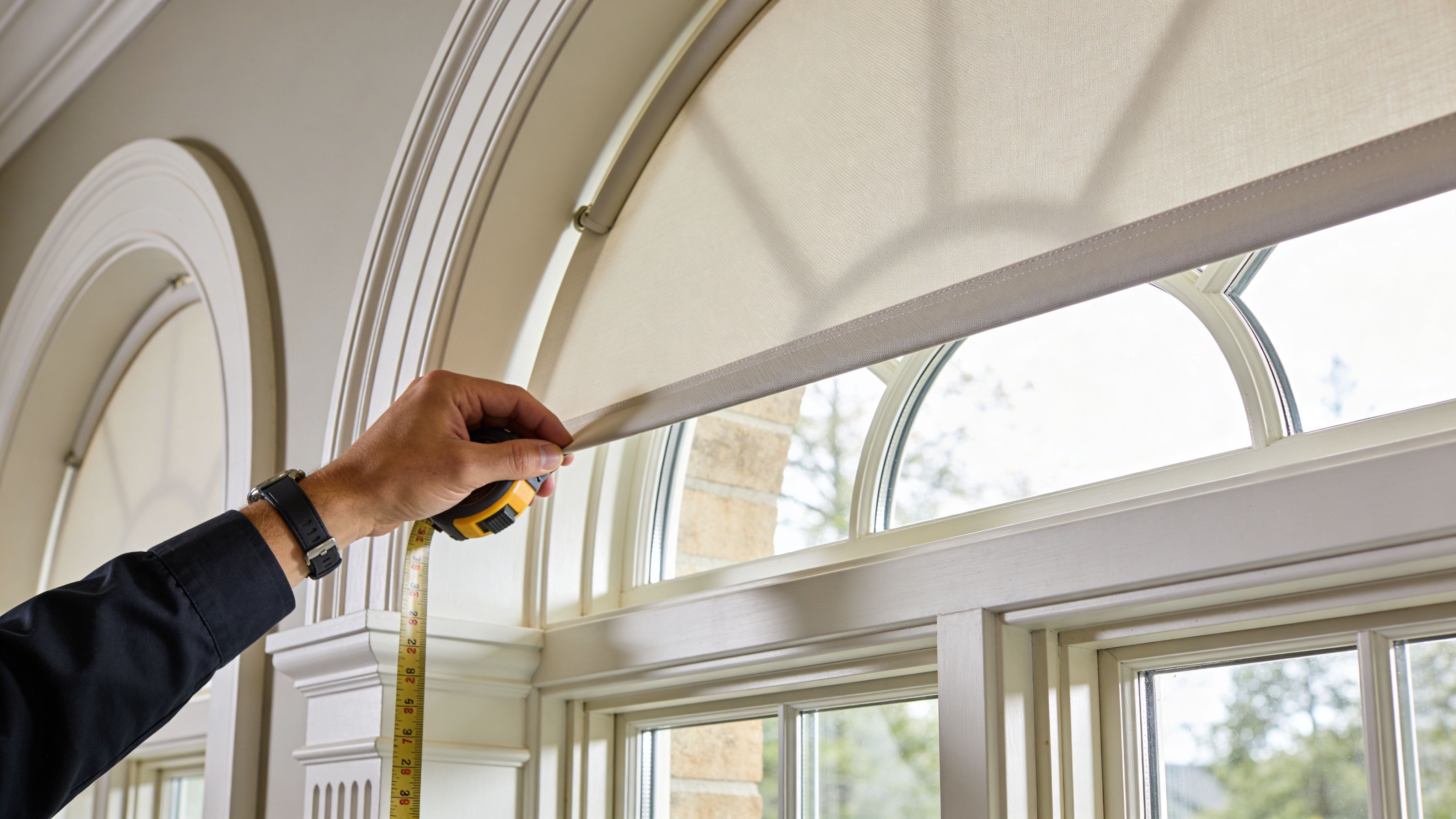 Westchester Window Fashions | Expert Sun Blocking Blinds Shades: Protect Your Home a professional measuring an arched window to install custom sun blocking blinds and shades indoors.