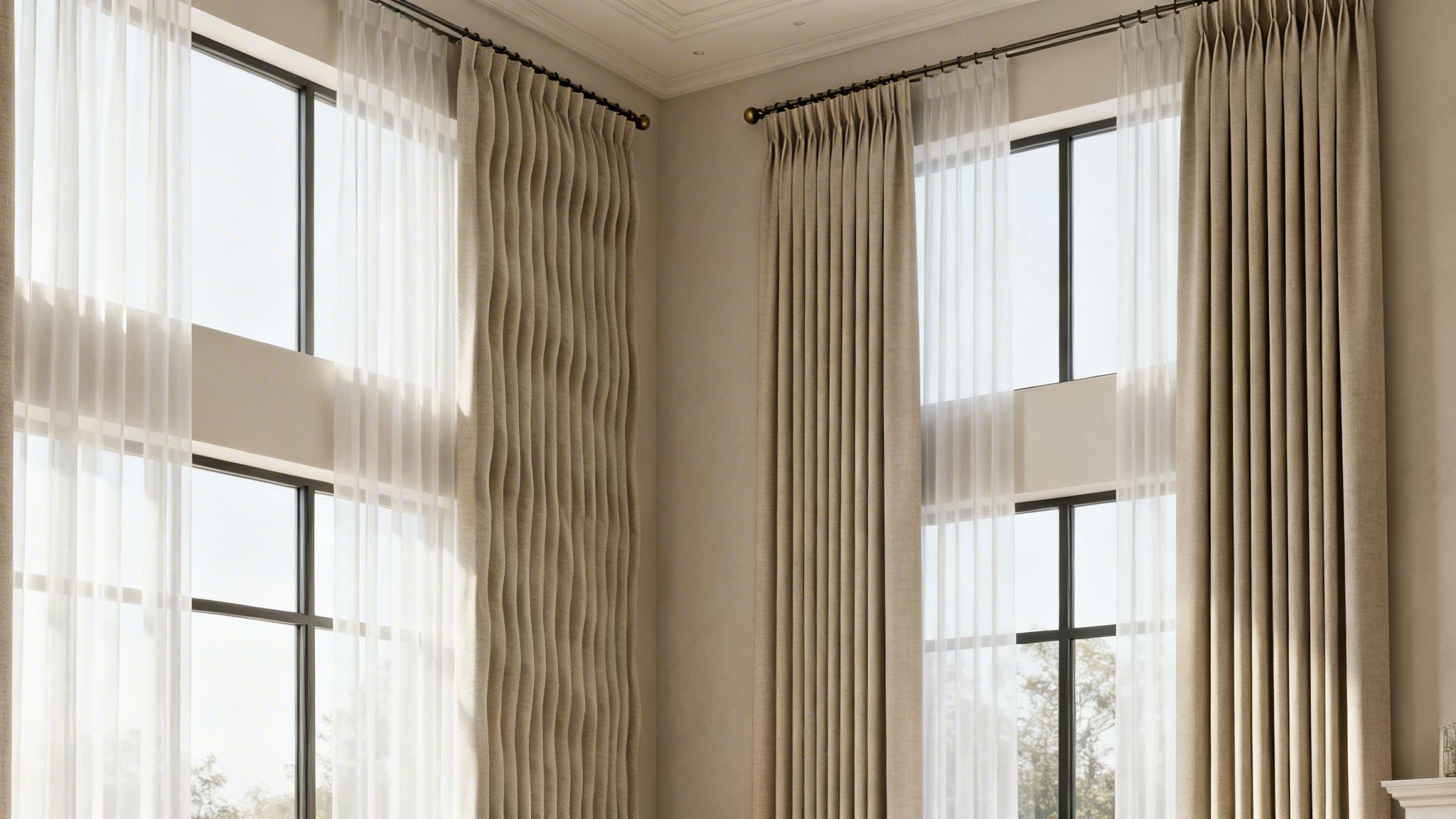 Westchester Window Fashions | Elevating Grand Interiors with Custom Window Treatments in Scarsdale, NY corner view of two large windows with sheer white curtains and beige drapes.
