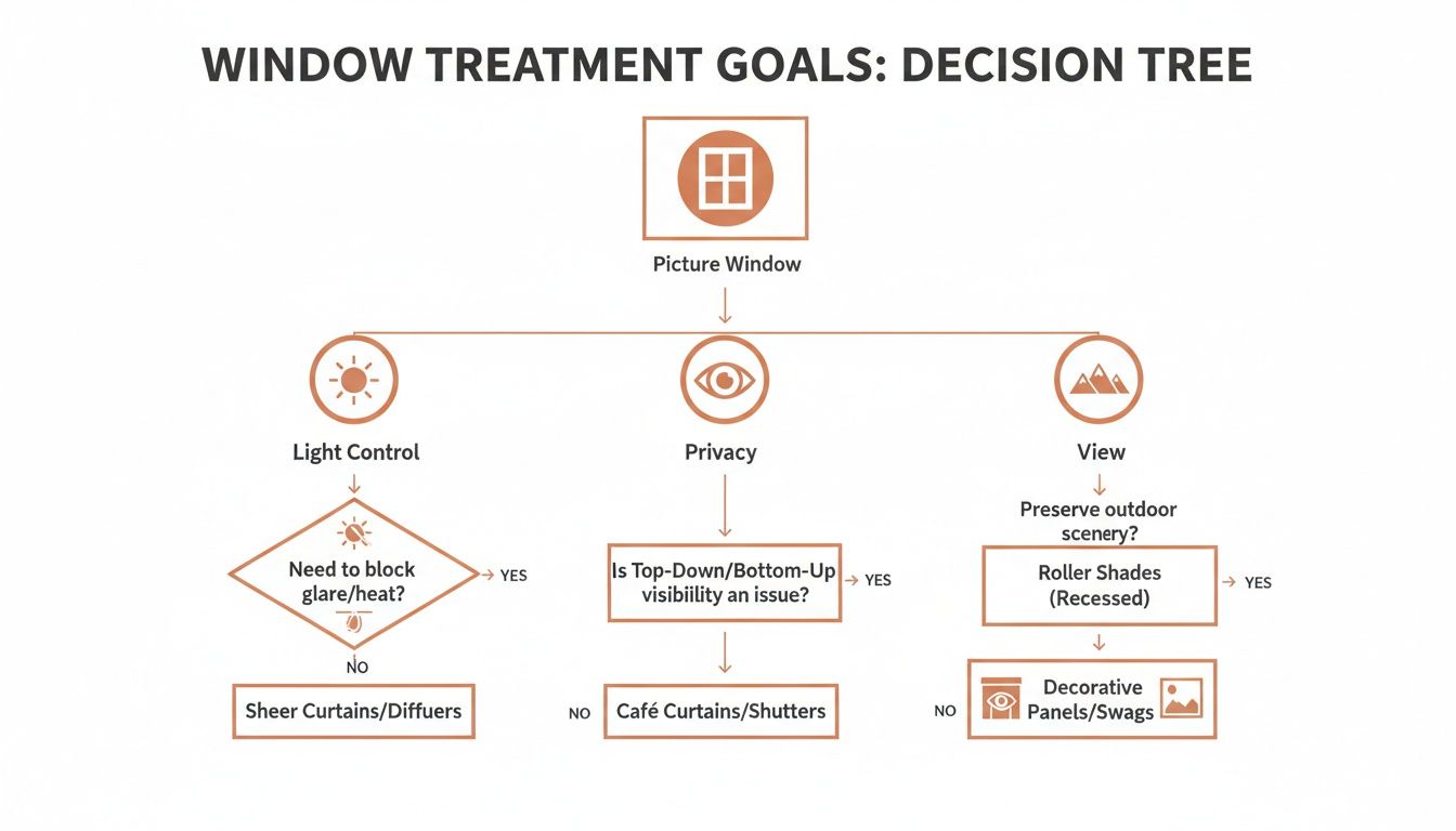 decision tree flowchart guiding window treatment choices for a picture window based on light, privacy, and view.