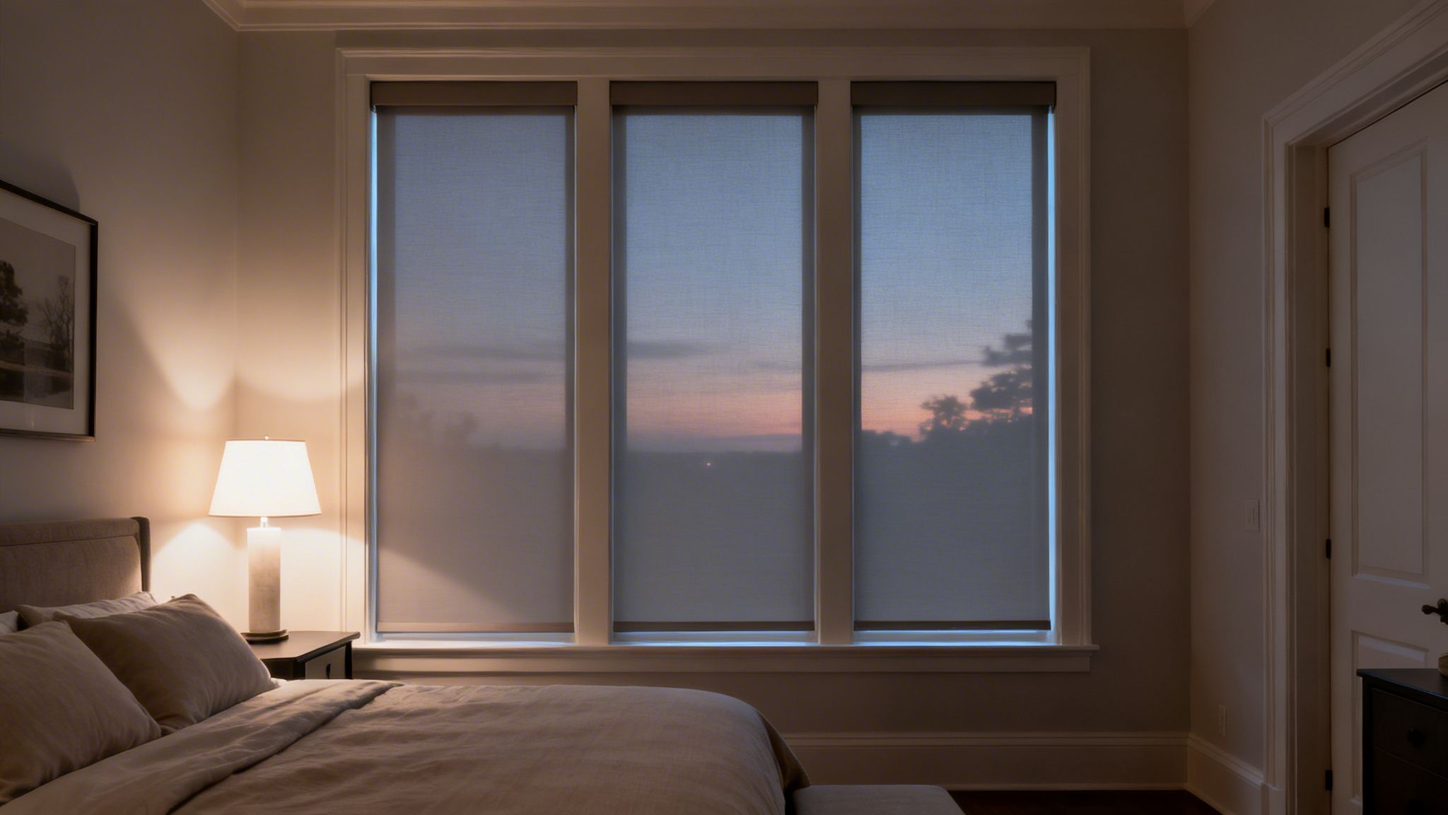 a cozy bedroom at dusk with a bedside lamp and three windows covered by roller blackout shades.