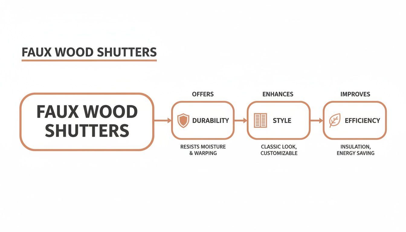 flowchart illustrating the benefits of faux wood shutters: durability, style, and energy efficiency features.