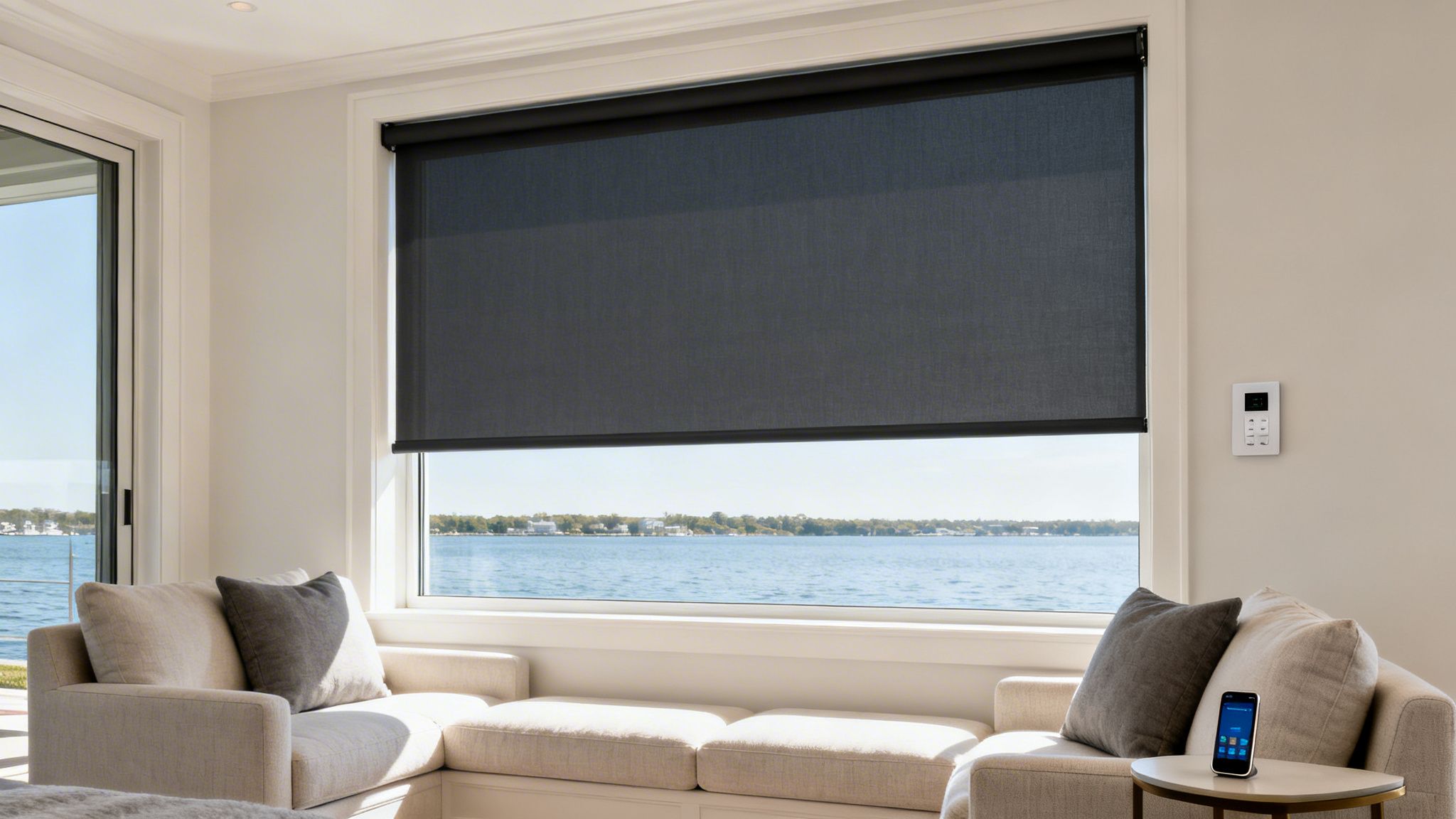 a modern living room featuring a custom dark grey roller blind covering a large window overlooking a serene lake.