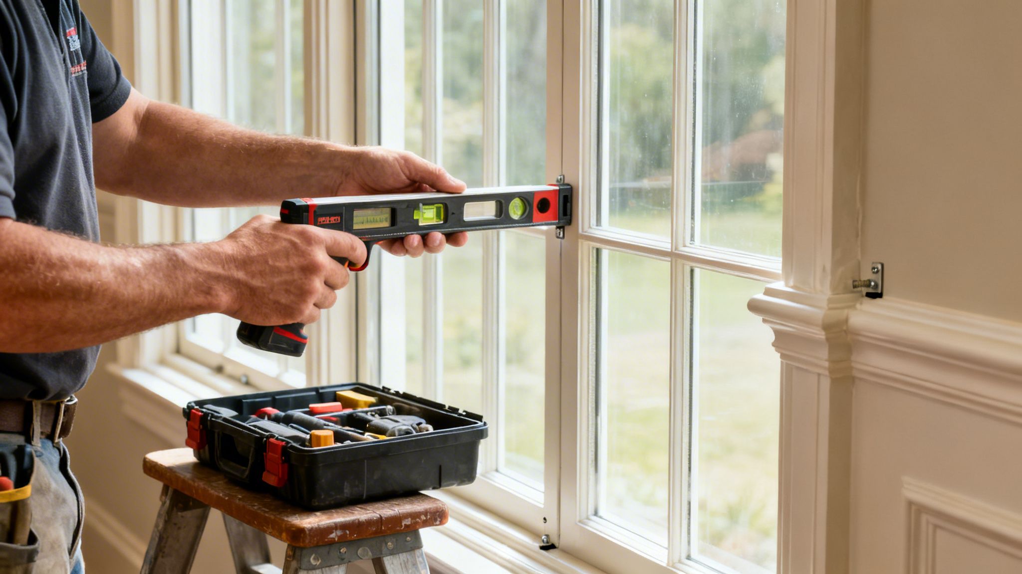 a person uses a digital level tool to check the vertical alignment of a white window frame.