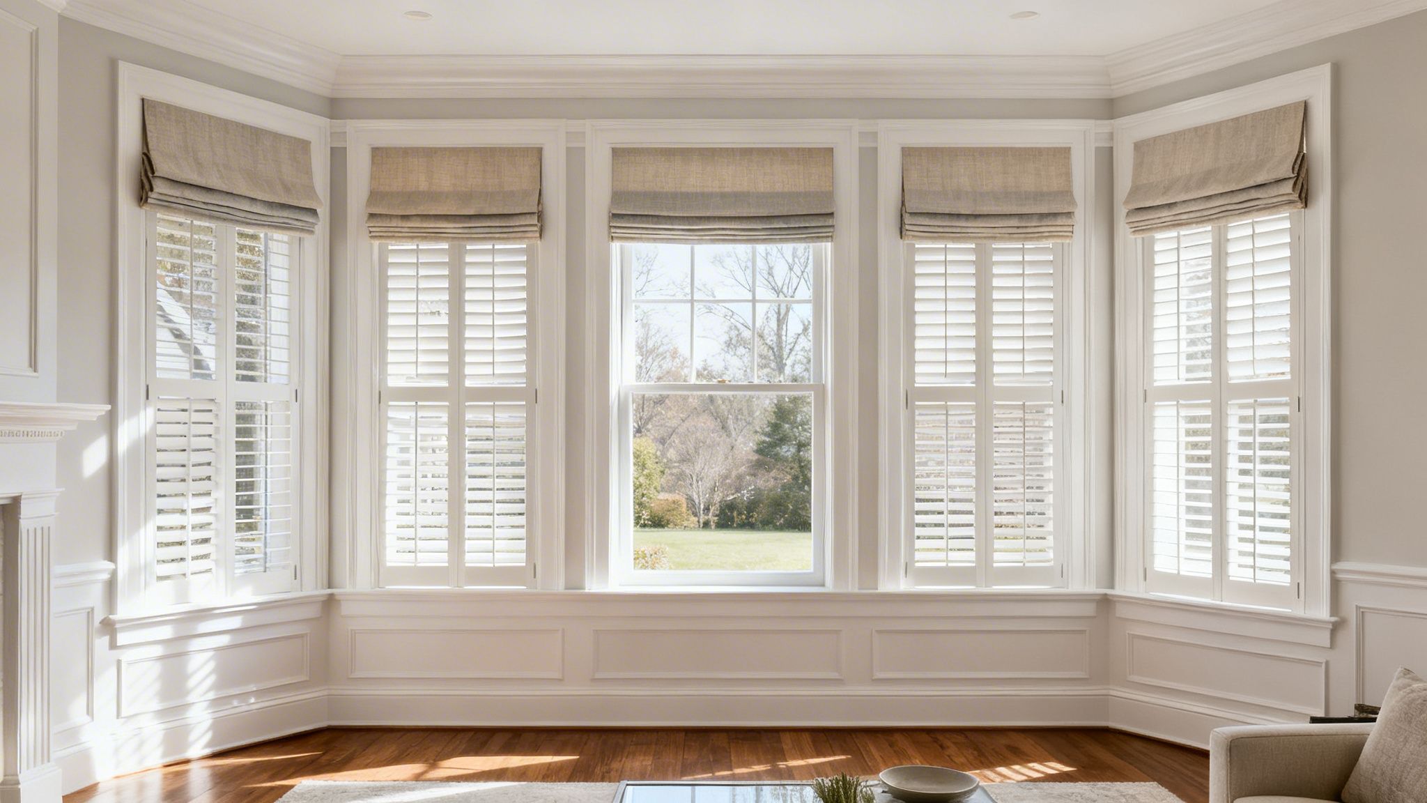 Westchester Window Fashions | The Sophisticated Homeowner’s Guide to Custom Window Treatments in Westchester a bright bay window with white plantation shutters and light brown roman shades.