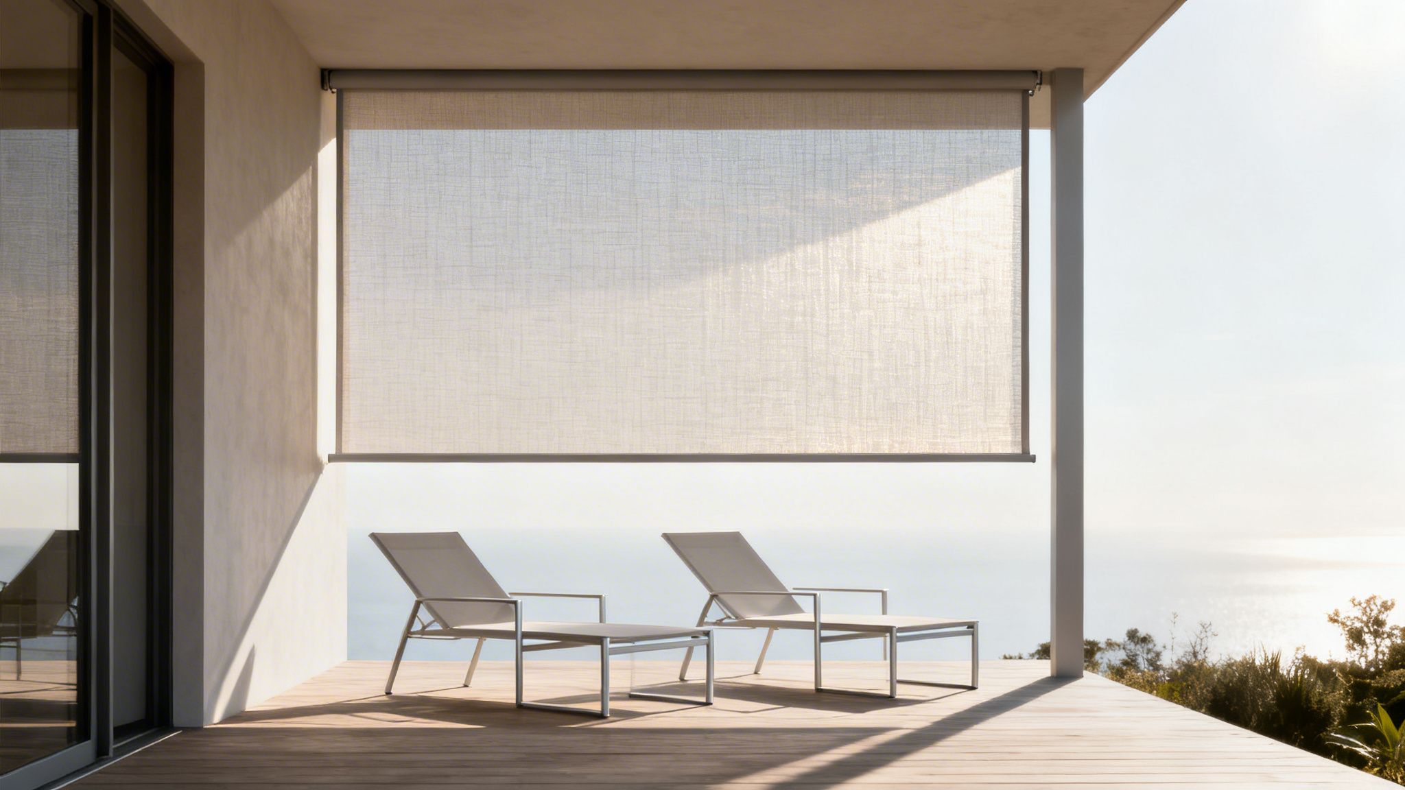 Westchester Window Fashions | Transforming Westchester Patios into Luxury Outdoor Rooms a modern outdoor balcony with two lounge chairs, a large window blind, and a serene ocean view.