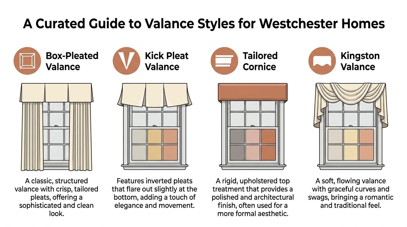 an infographic showing four different styles of window valances including box-pleated, kick pleat, cornice, and kingston.