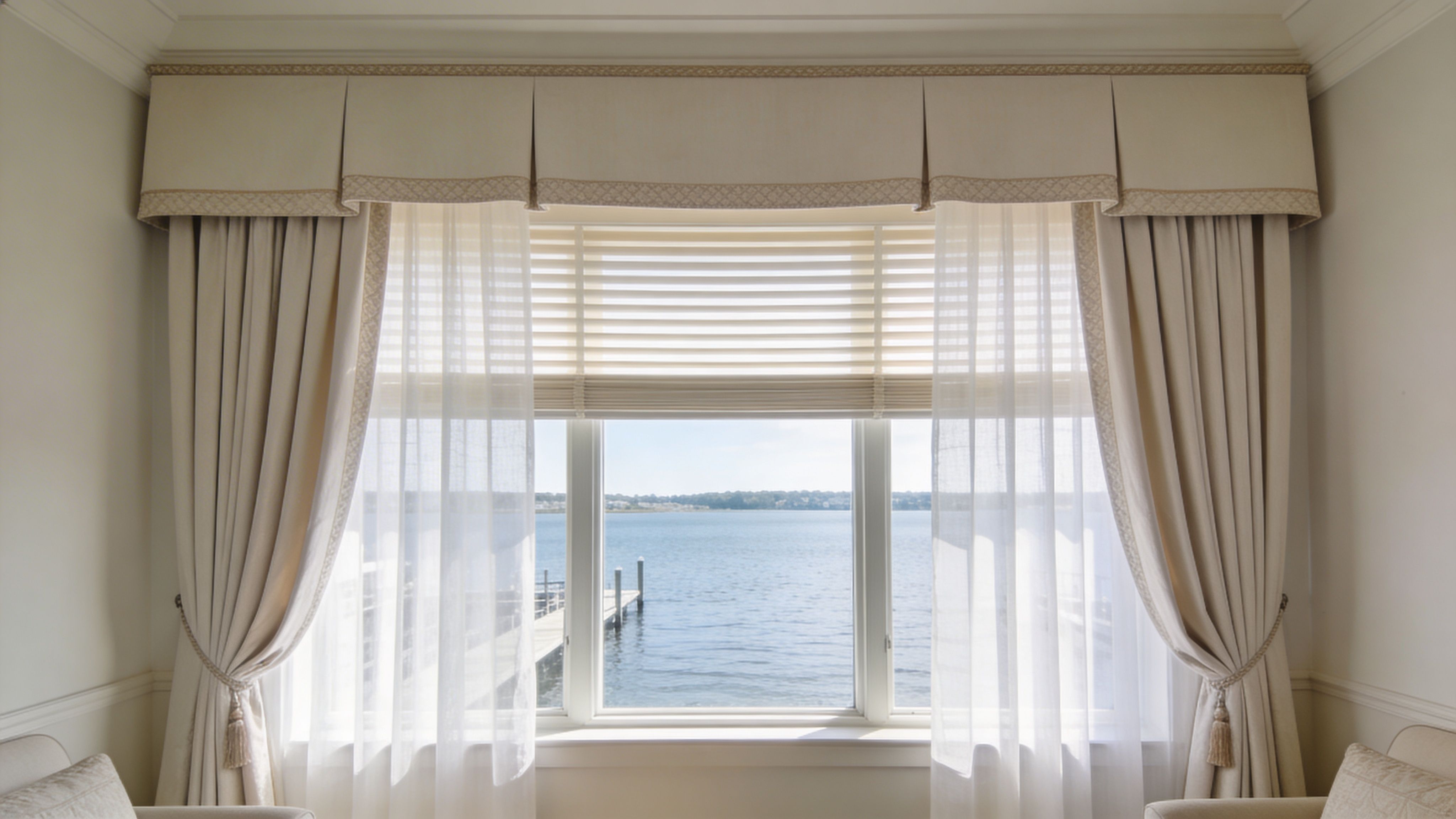 a scenic lake view through a window framed by elegant cream-colored drapes, sheer curtains, and a valance.