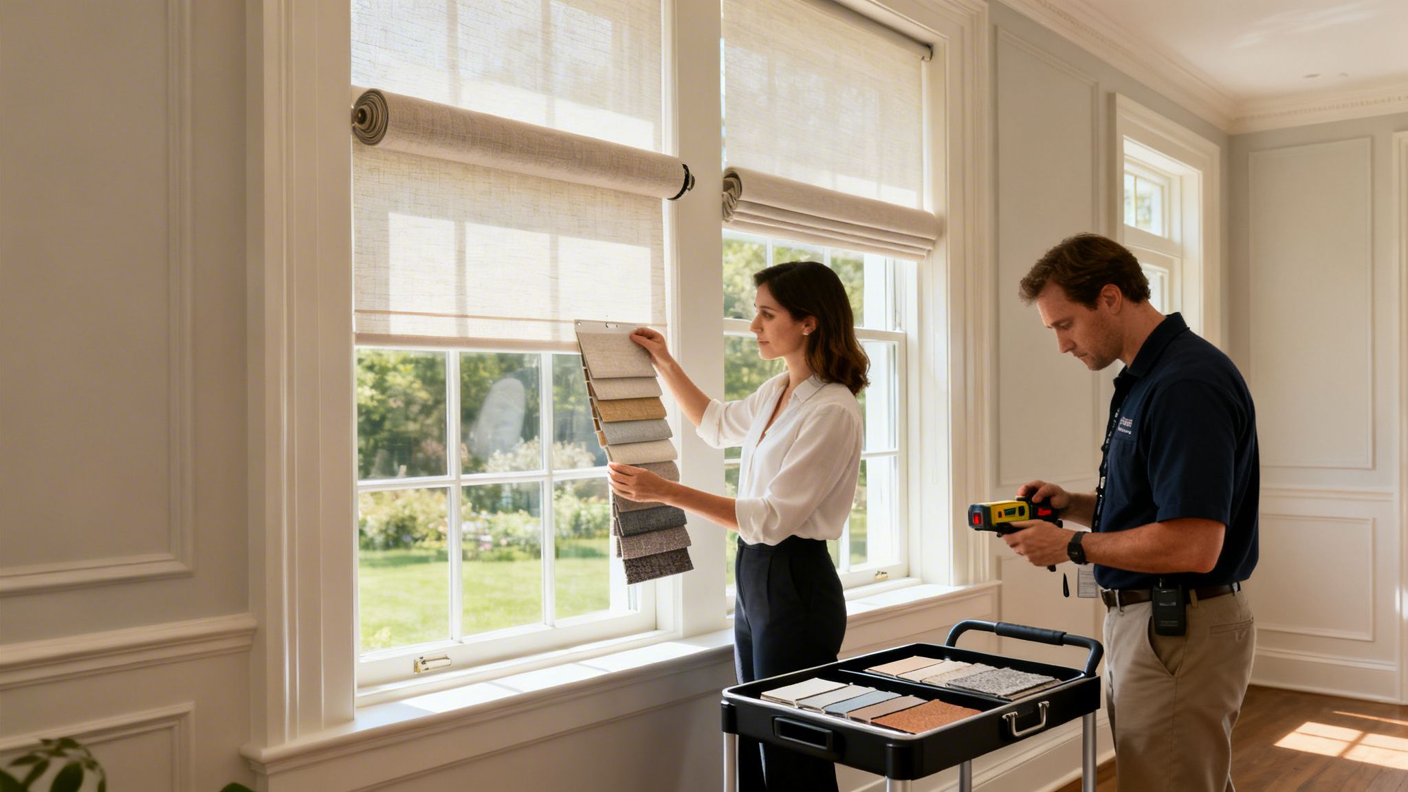 Westchester Window Fashions | The Art of Coastal Living: A Guide to Motorized Roller Shades in Rye, NY a design consultant helps a client choose fabric samples for window shades in a sunlit room.