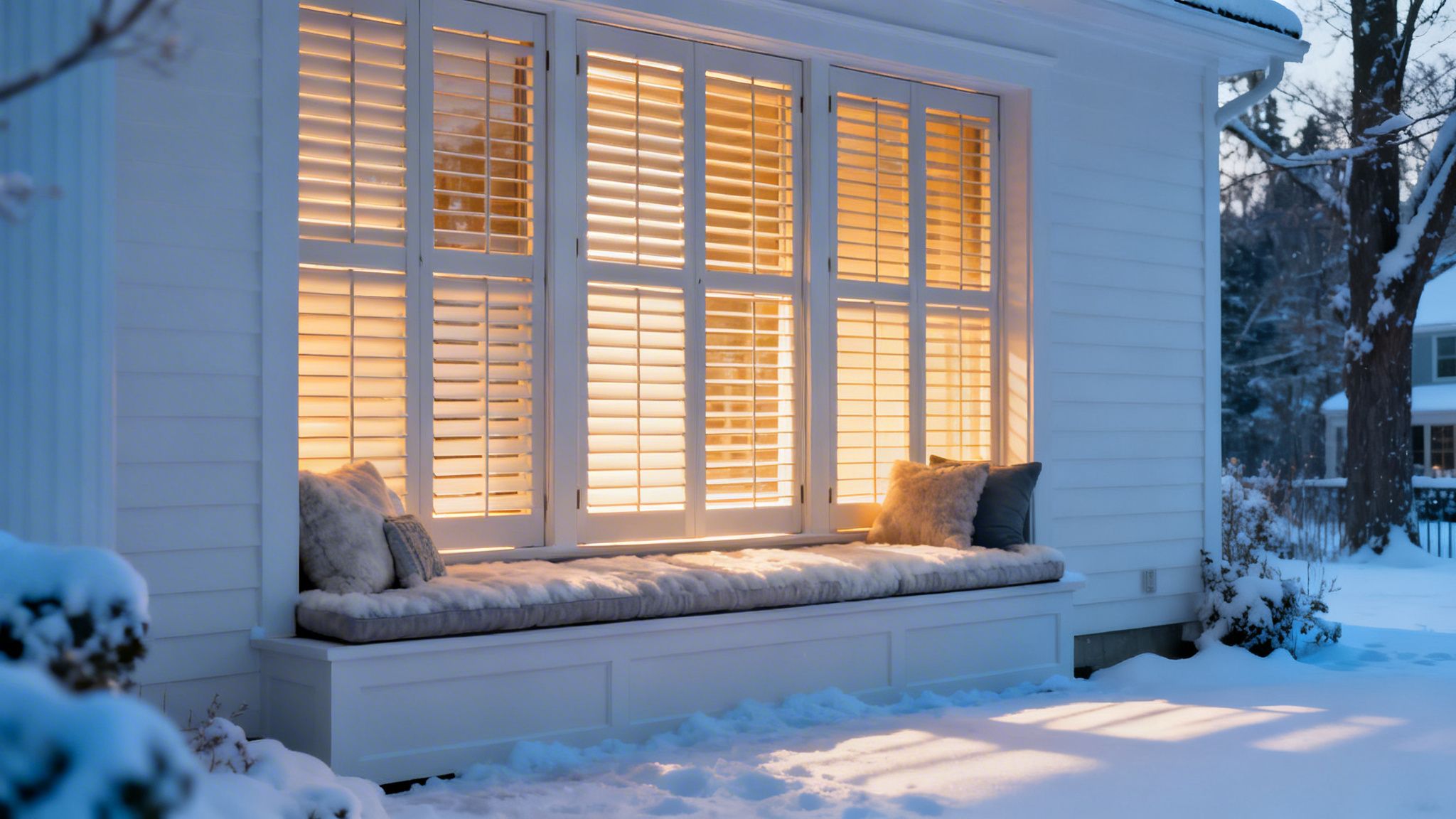 Westchester Window Fashions | Plantation Shutters vs. Blinds: A Westchester Homeowner’s Guide a cozy white house with warm glowing plantation shutters in a snowy winter setting.