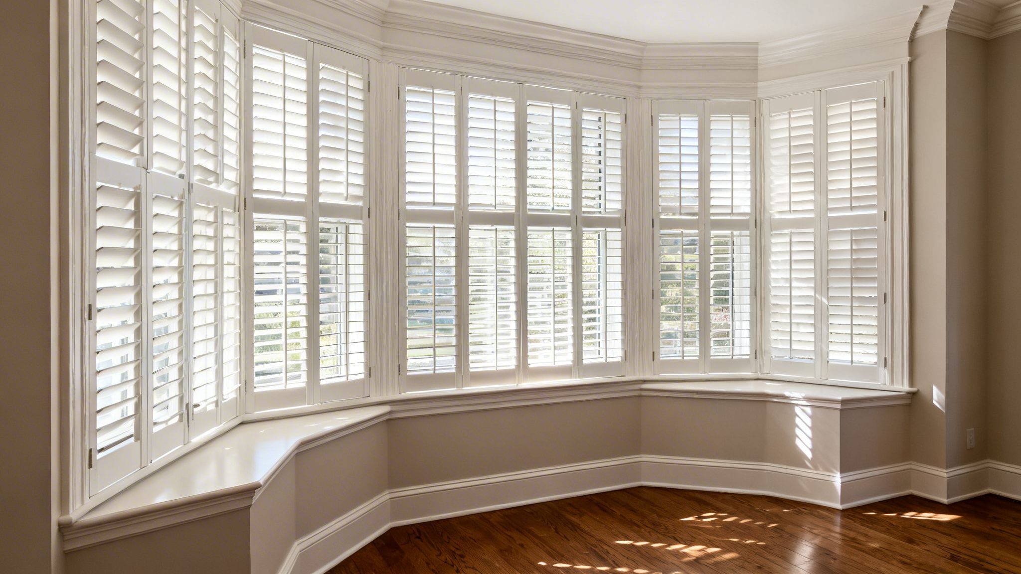 a bright room features a bay window with white plantation shutters and a built-in seat.