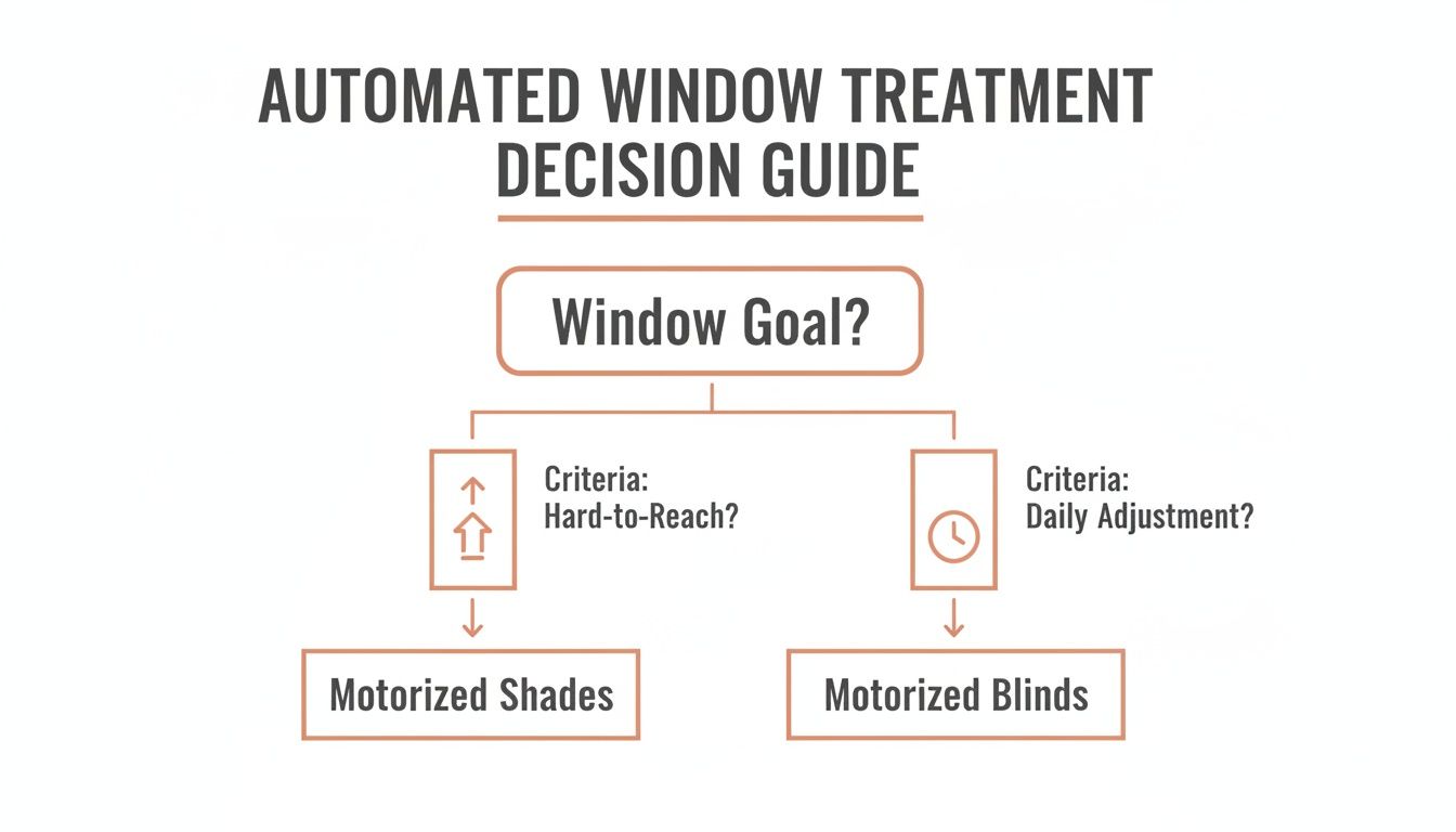flowchart guiding the selection between motorized shades and motorized blinds based on window criteria.