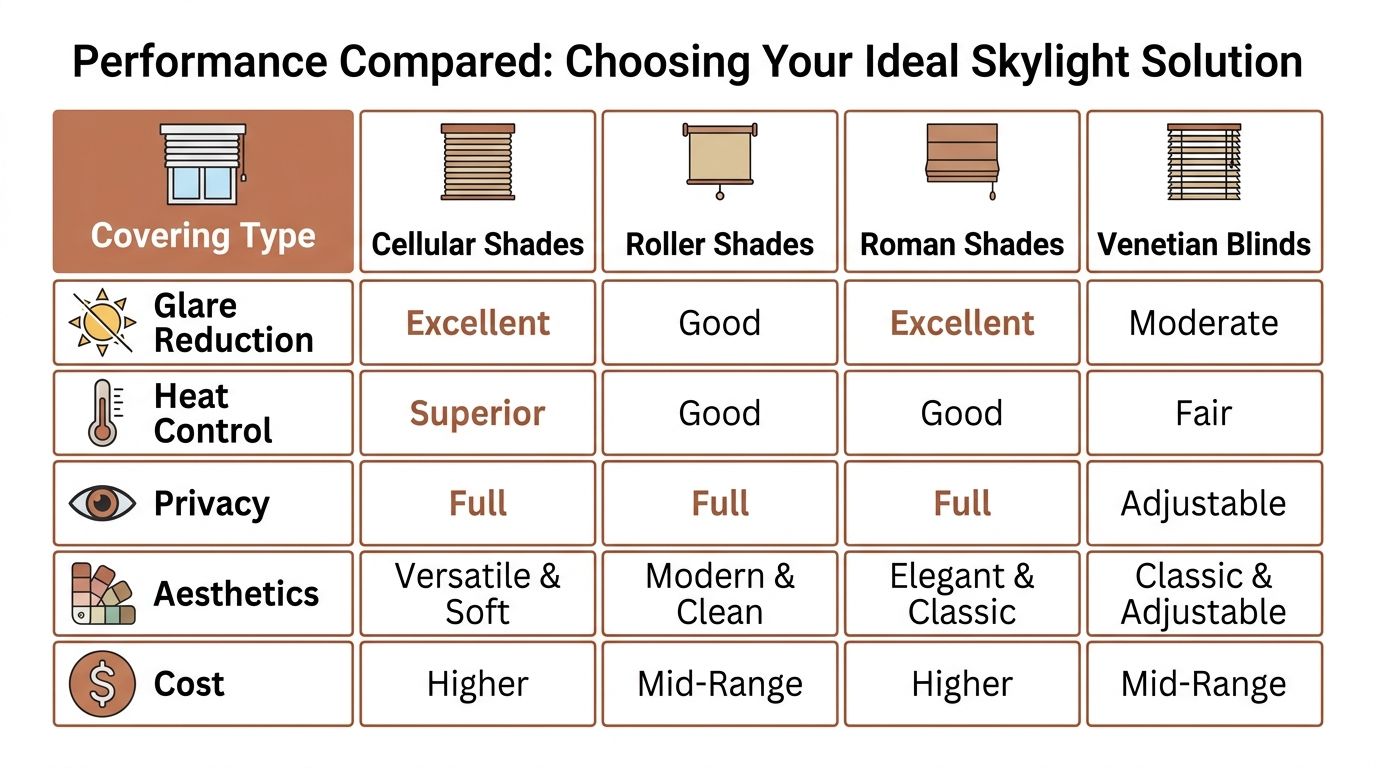 Westchester Window Fashions | Expert Solutions for Covering Skylight Inside a comparison chart showing performance features of cellular shades, roller shades, roman shades, and venetian blinds for skylights.