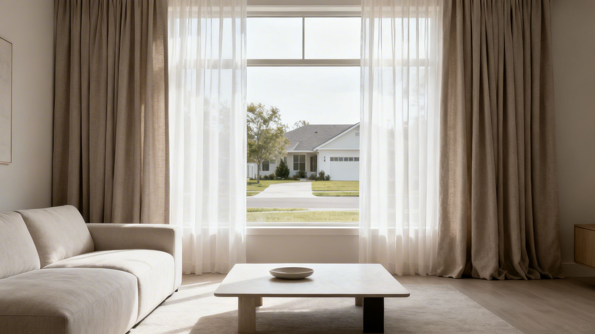 Westchester Window Fashions | Sophisticated Living Room Drapery Ideas for Westchester Homes a bright living room featuring a light-colored sofa, coffee table, and window with sheer and beige curtains.