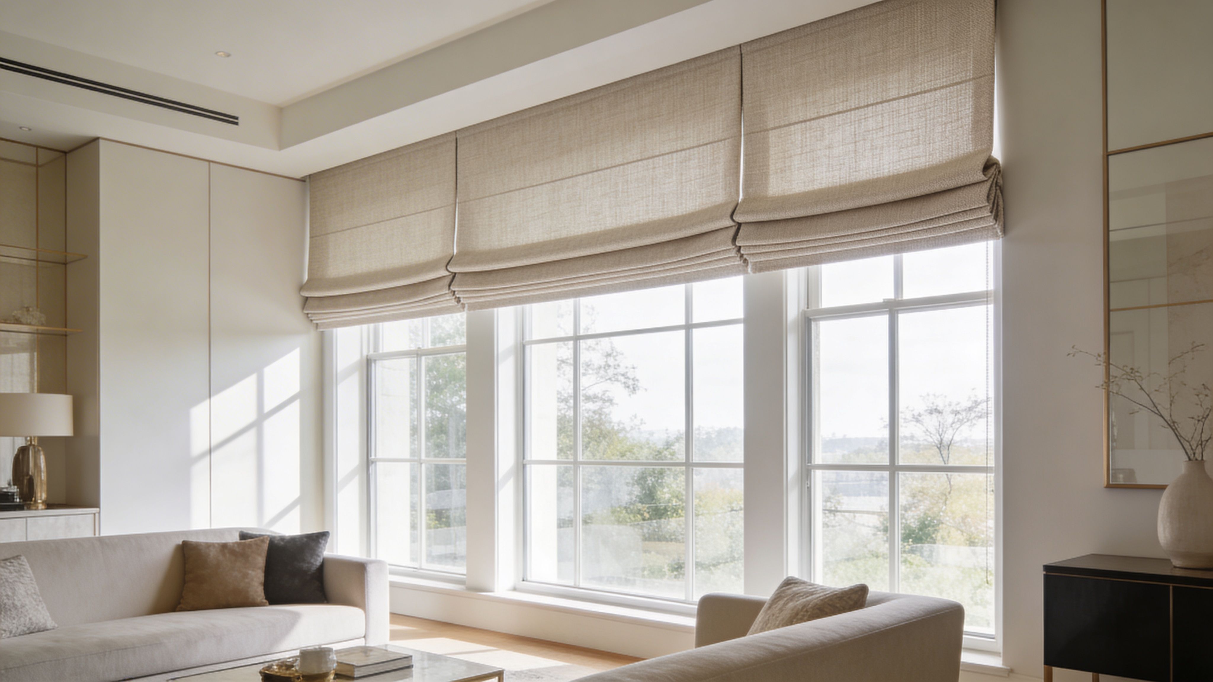 a brightly lit living room featuring elegant light-colored fabric roman shades over large windows and neutral furniture.