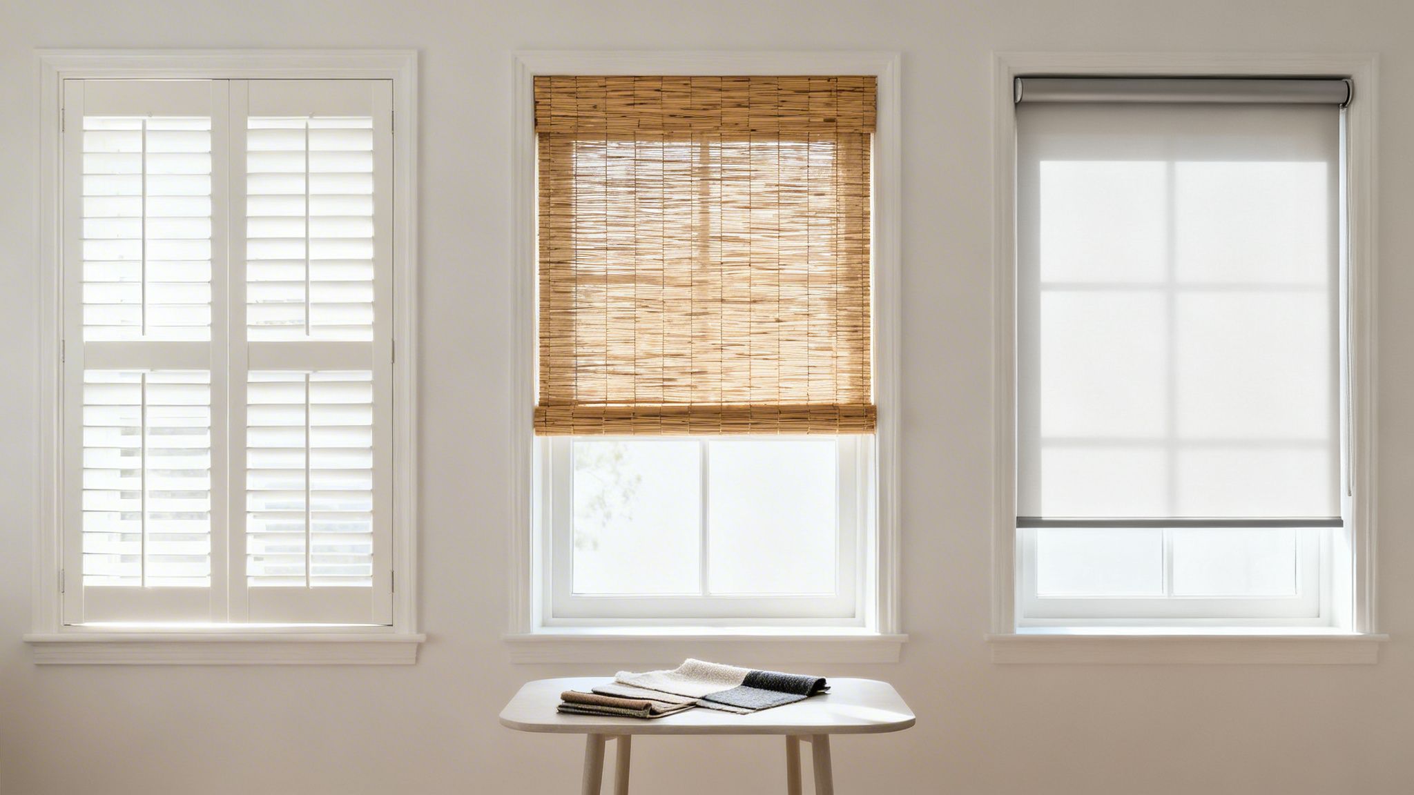 three windows showcase different treatments: white shutters, a natural woven shade, and a modern roller blind.