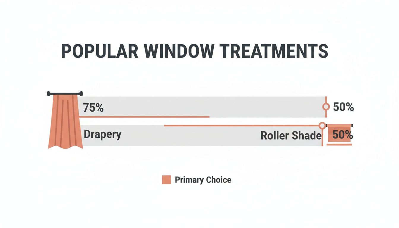 Westchester Window Fashions | Mastering Window Treatments for Floor to Ceiling Windows in 2026 infographic showing popular window treatments: drapery is 75%, roller shade is 50%, both are 50% primary choice.