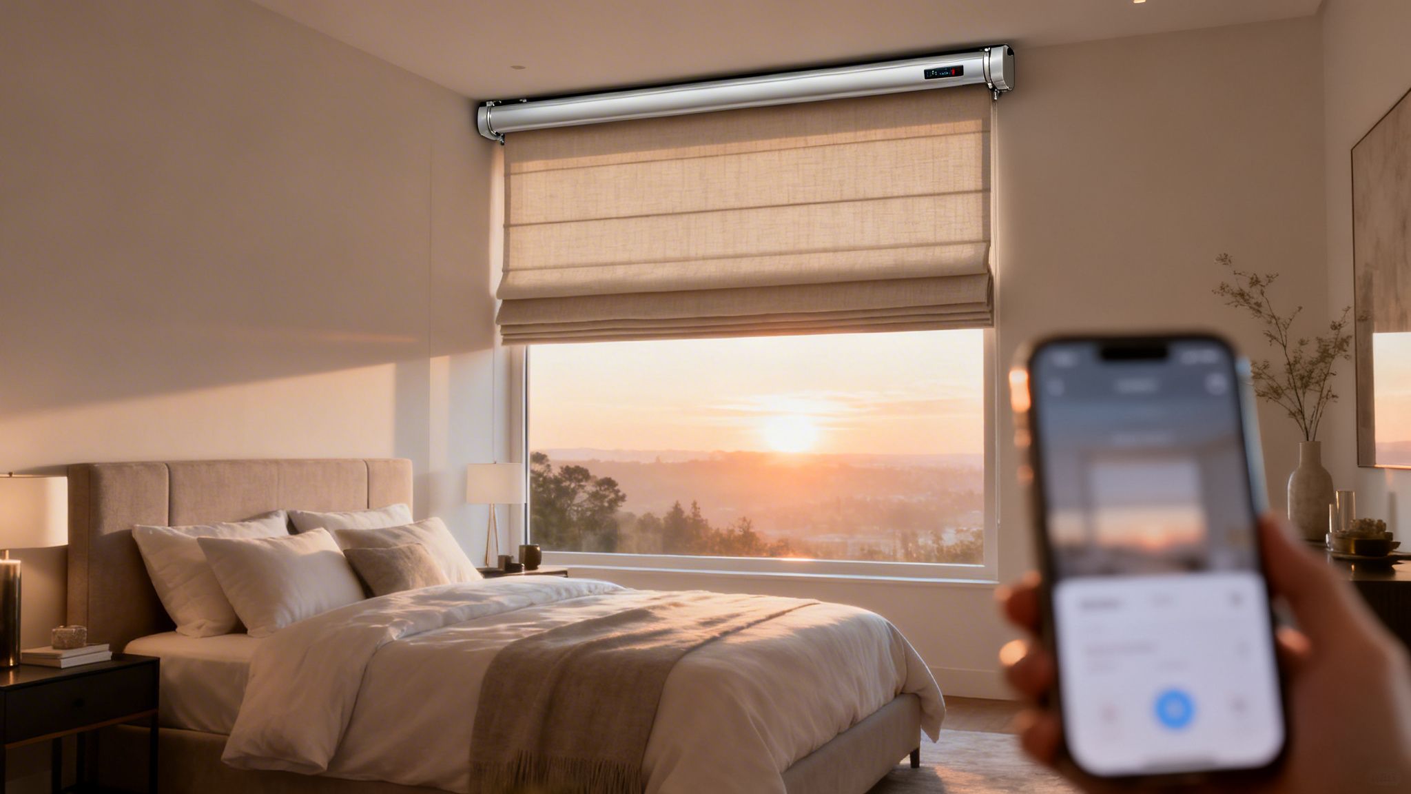 Westchester Window Fashions | Elevating Westchester Homes With Contemporary Roman Shades a contemporary bedroom with motorized roman shades open to a stunning sunset view, controlled by a smartphone.
