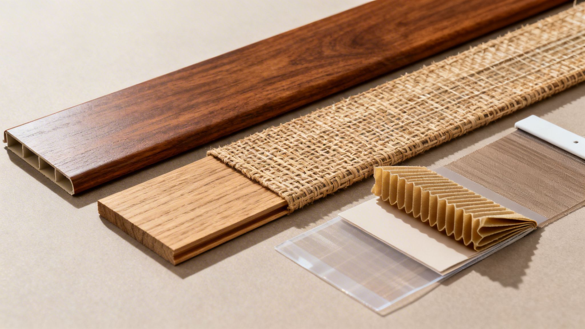 various material samples for interior design, including wood, woven fabric, pleated blinds, and fabric shades.