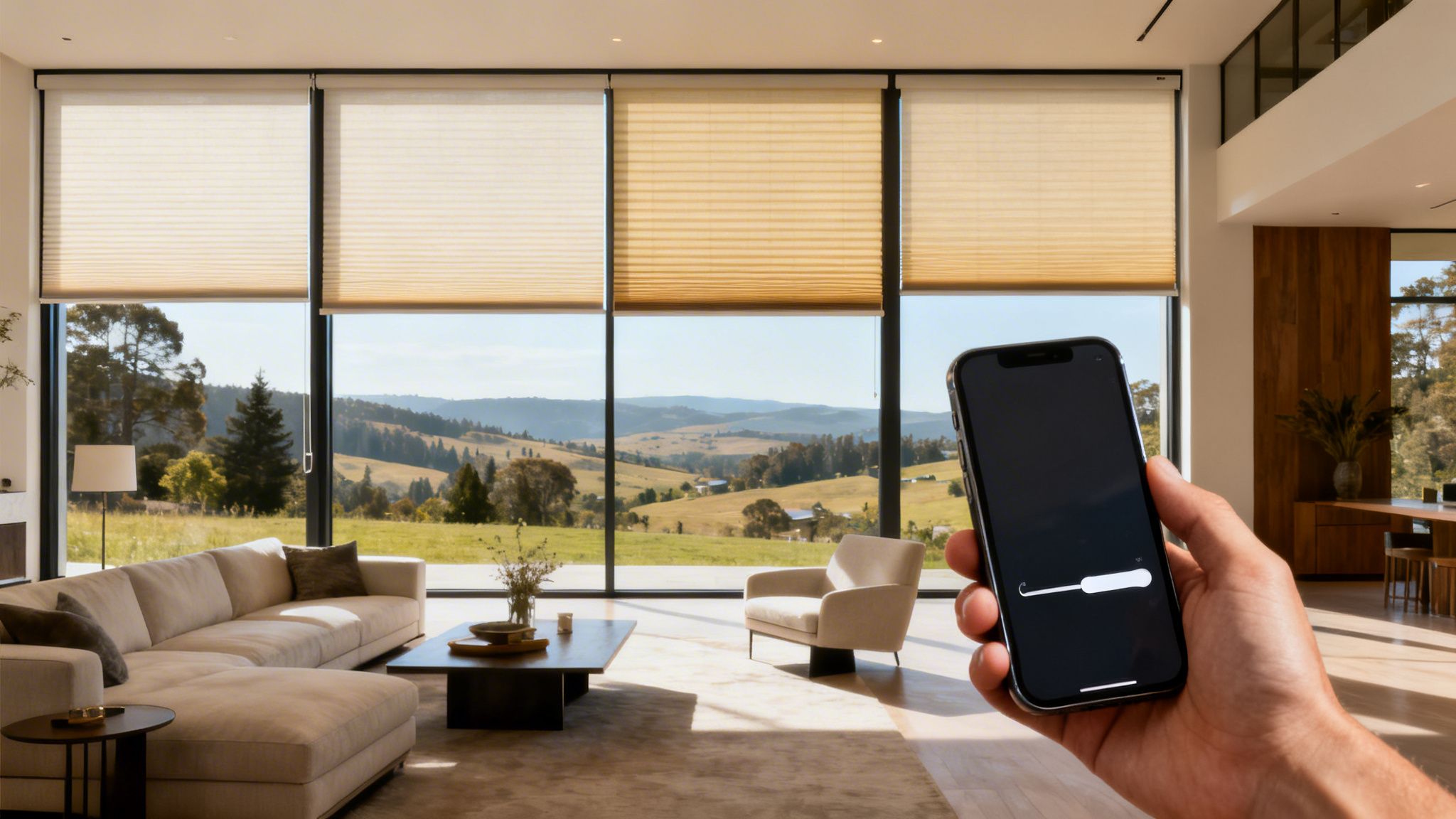 a hand uses a smartphone to control smart motorized shades in a modern living room with a scenic view.