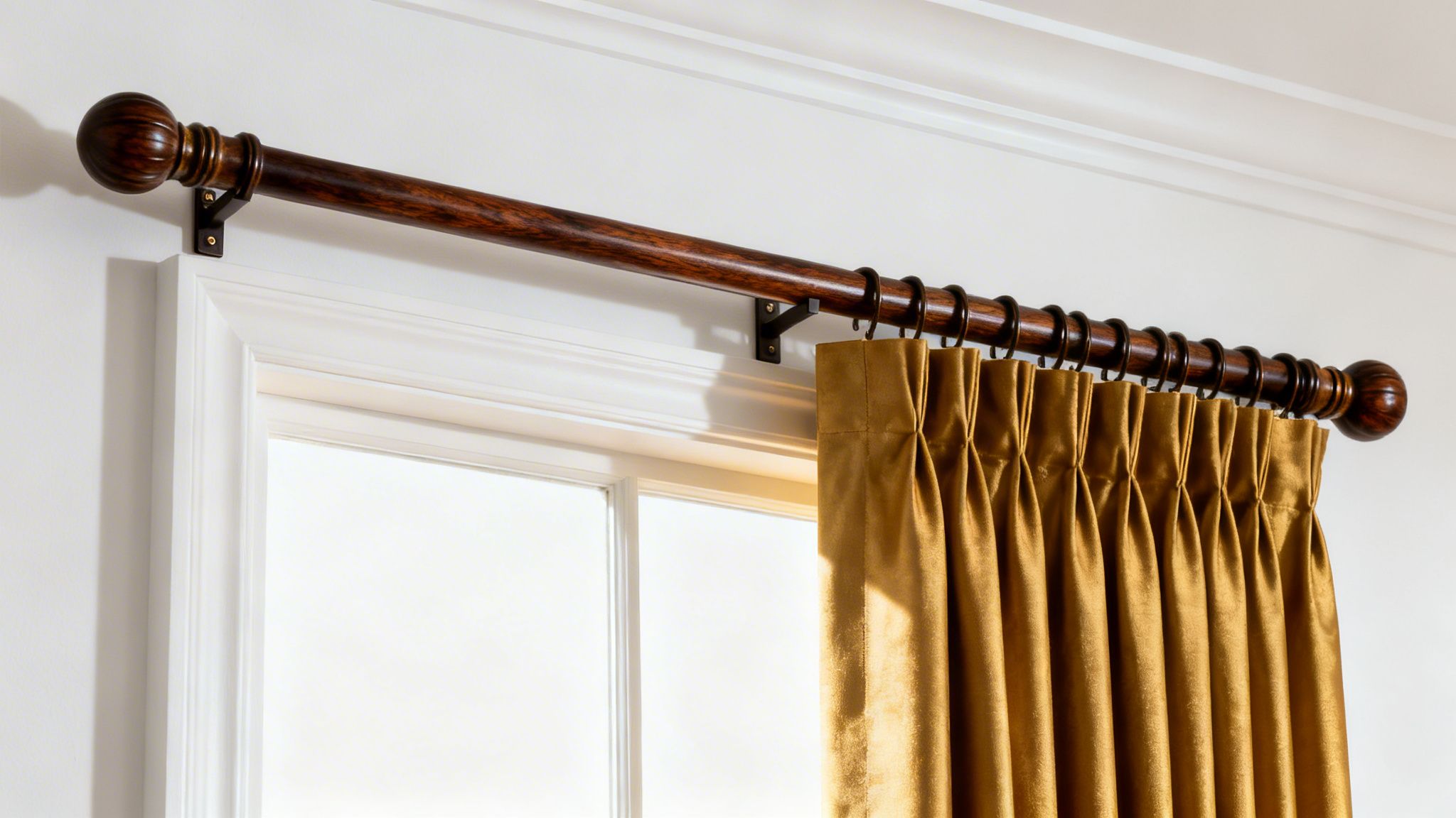 Westchester Window Fashions | The 2026 Guide to Drapes in the Master Bedroom: A Westchester Perspective a rich dark wood curtain rod with decorative finials holds elegant gold pleated drapes.