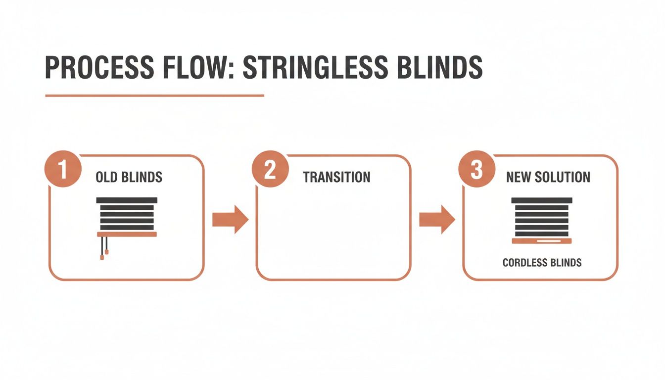 infographic showing the process flow from old blinds with strings to new cordless blinds.