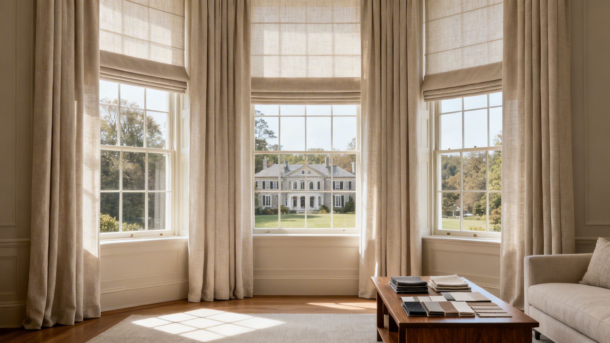 elegant living room with custom window treatments and a view of a stately home.