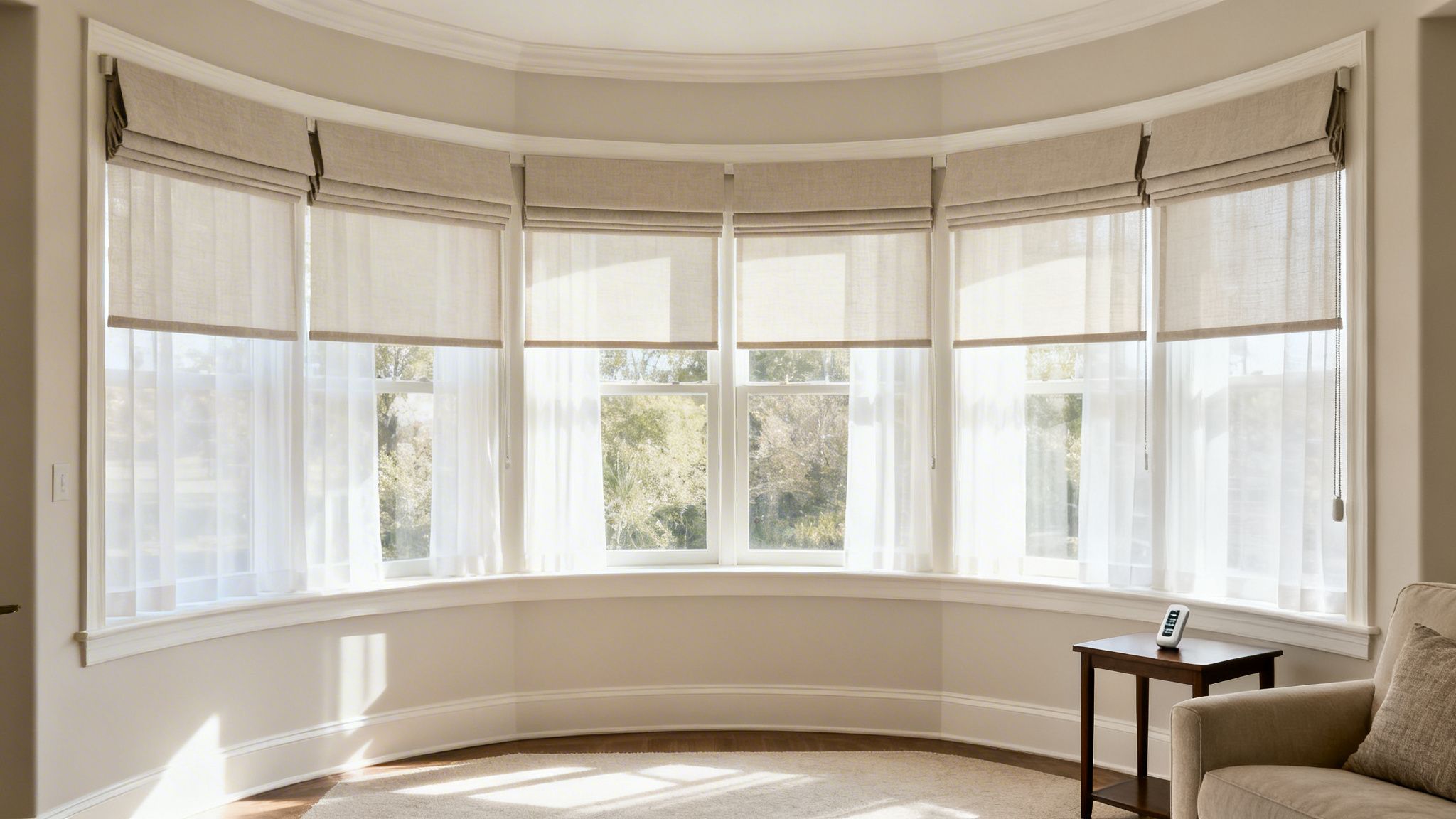 elegant bow windows with layered sheer curtains and neutral roman shades in a bright room.