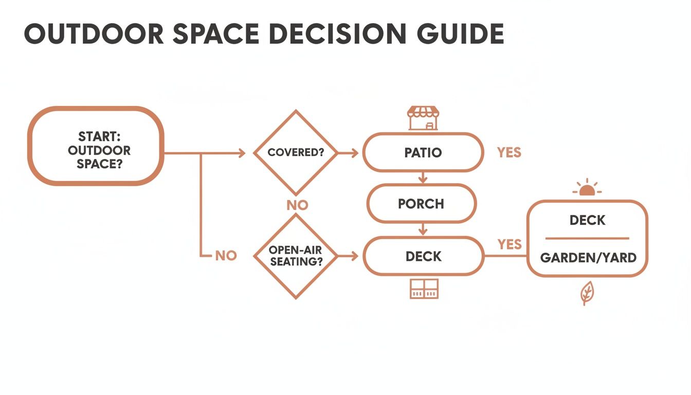 flowchart for outdoor space decisions, guiding users through covered, open-air, patio, porch, deck, and garden options.