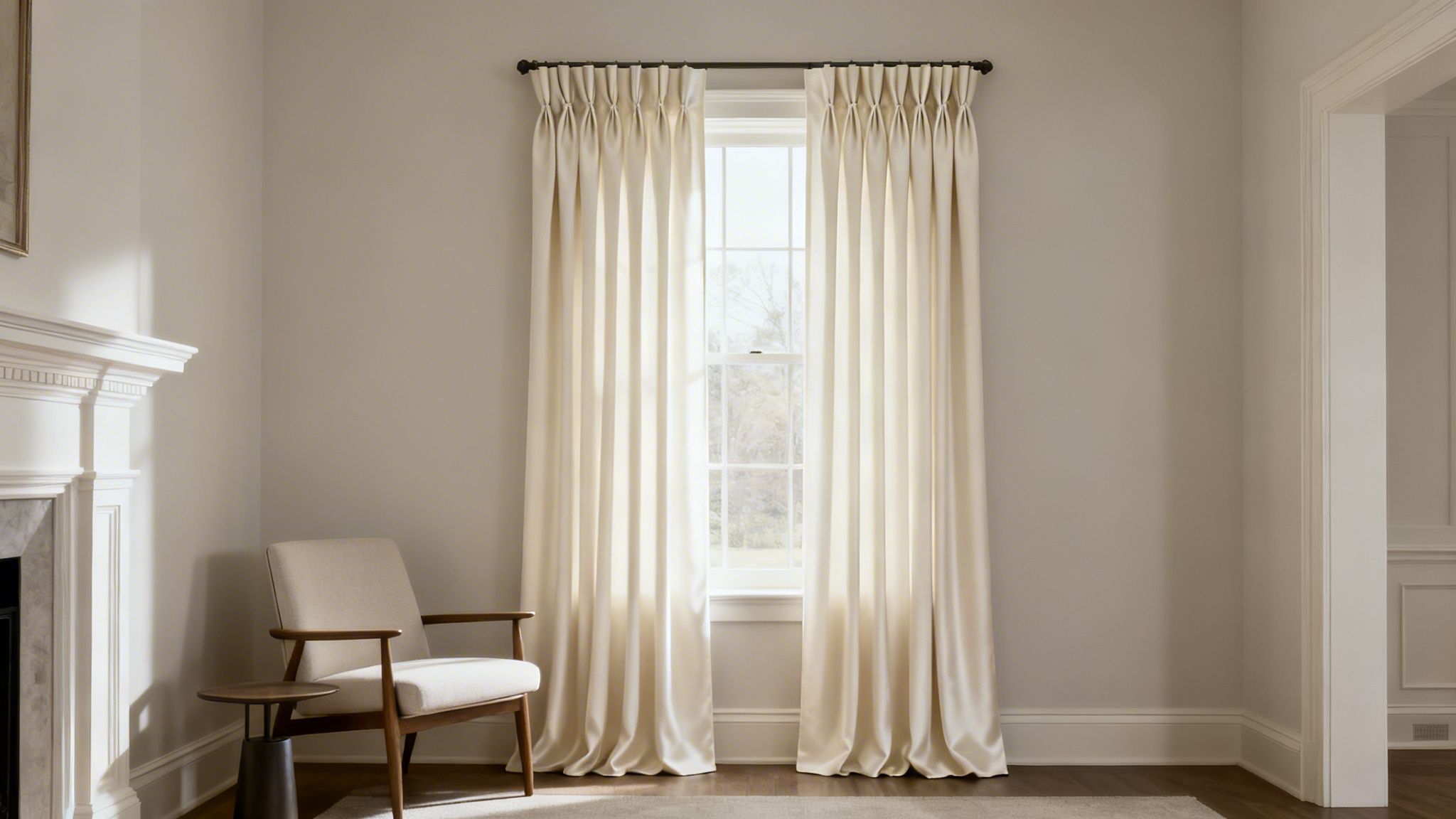 Westchester Window Fashions | The Enduring Elegance of Pinch Pleated Curtains in Westchester Homes a bright living room featuring light beige pinch-pleated curtains framing a window, with a modern armchair.