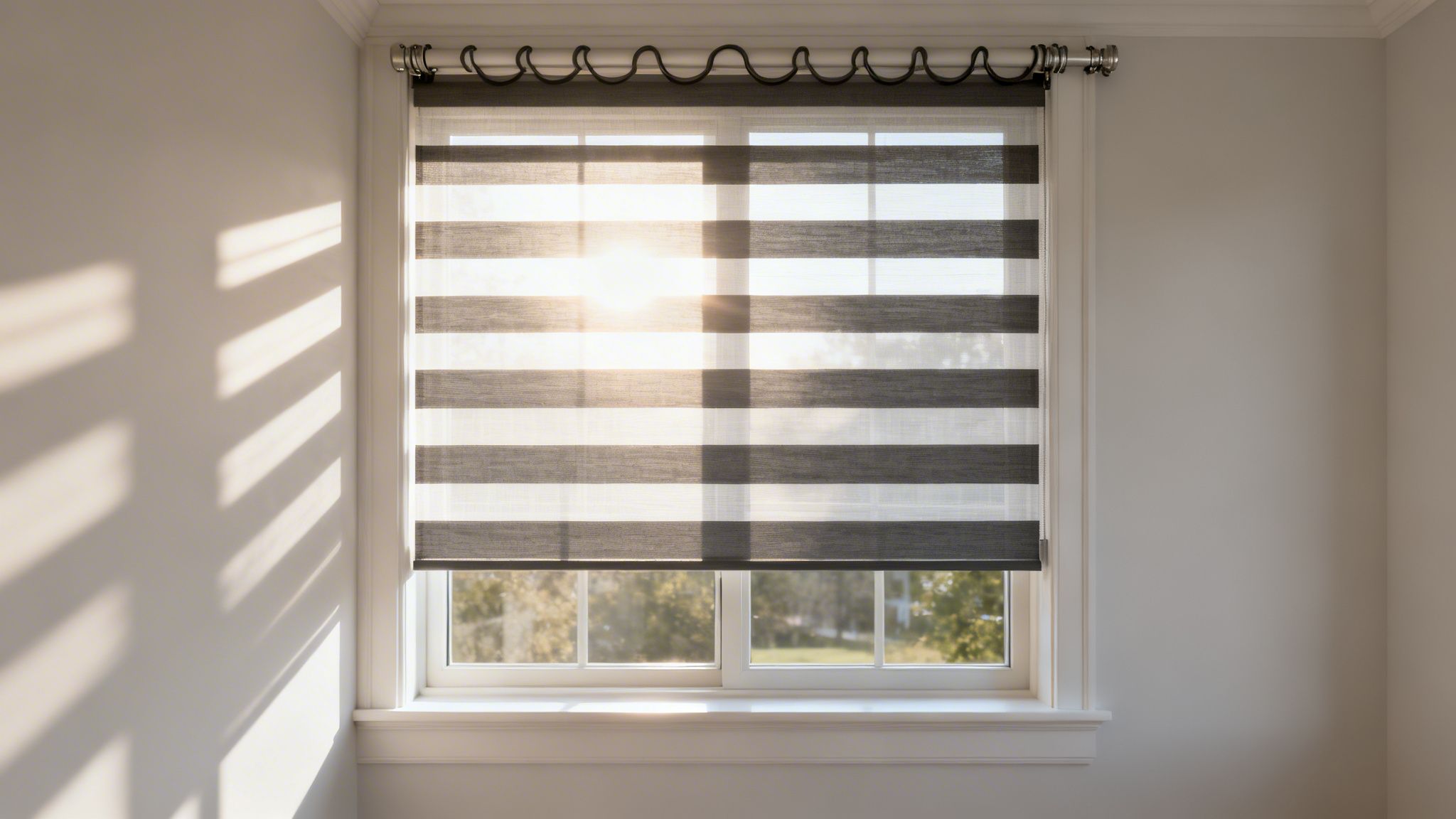 a window with black and white zebra shades, with sunlight streaming through and casting shadows on a wall.