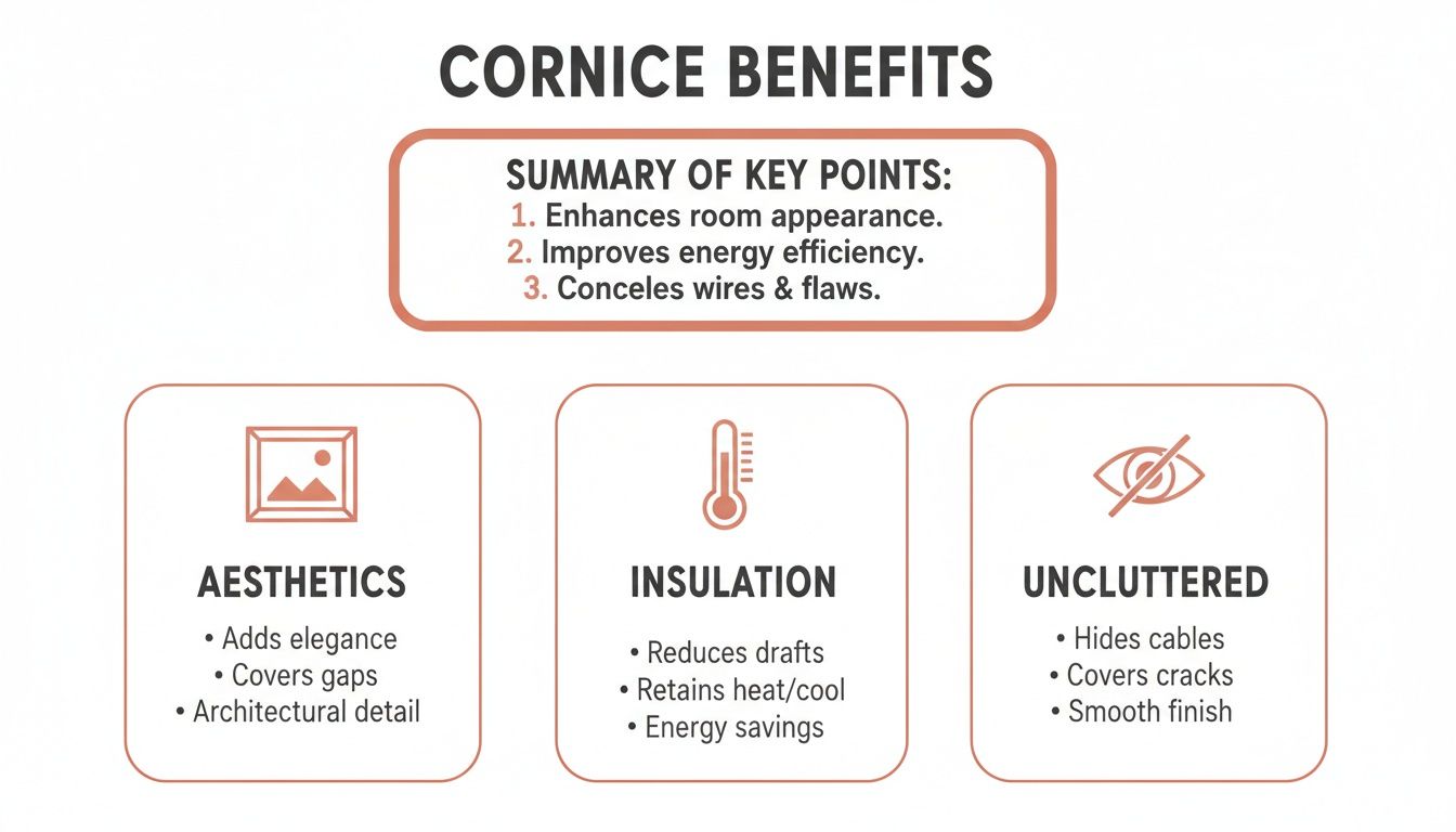 an infographic detailing the benefits of cornices, covering aesthetics, insulation, and an uncluttered look.