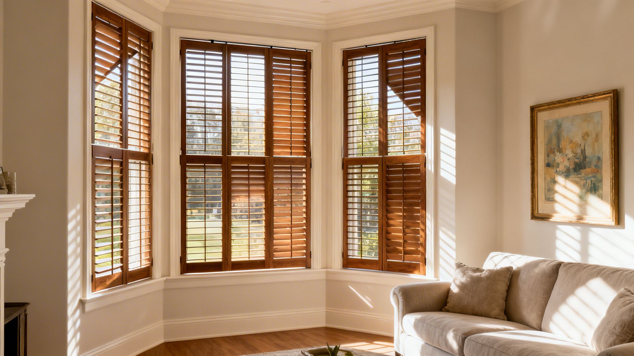 a bright living room with a bay window featuring dark wood plantation shutters and a beige sofa.