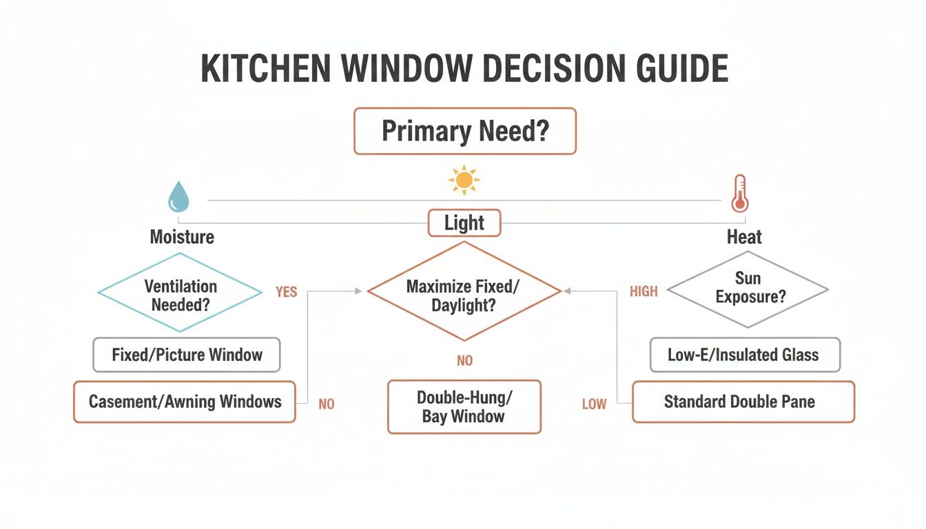 flowchart illustrating a kitchen window decision guide based on primary needs like moisture, light, and heat.