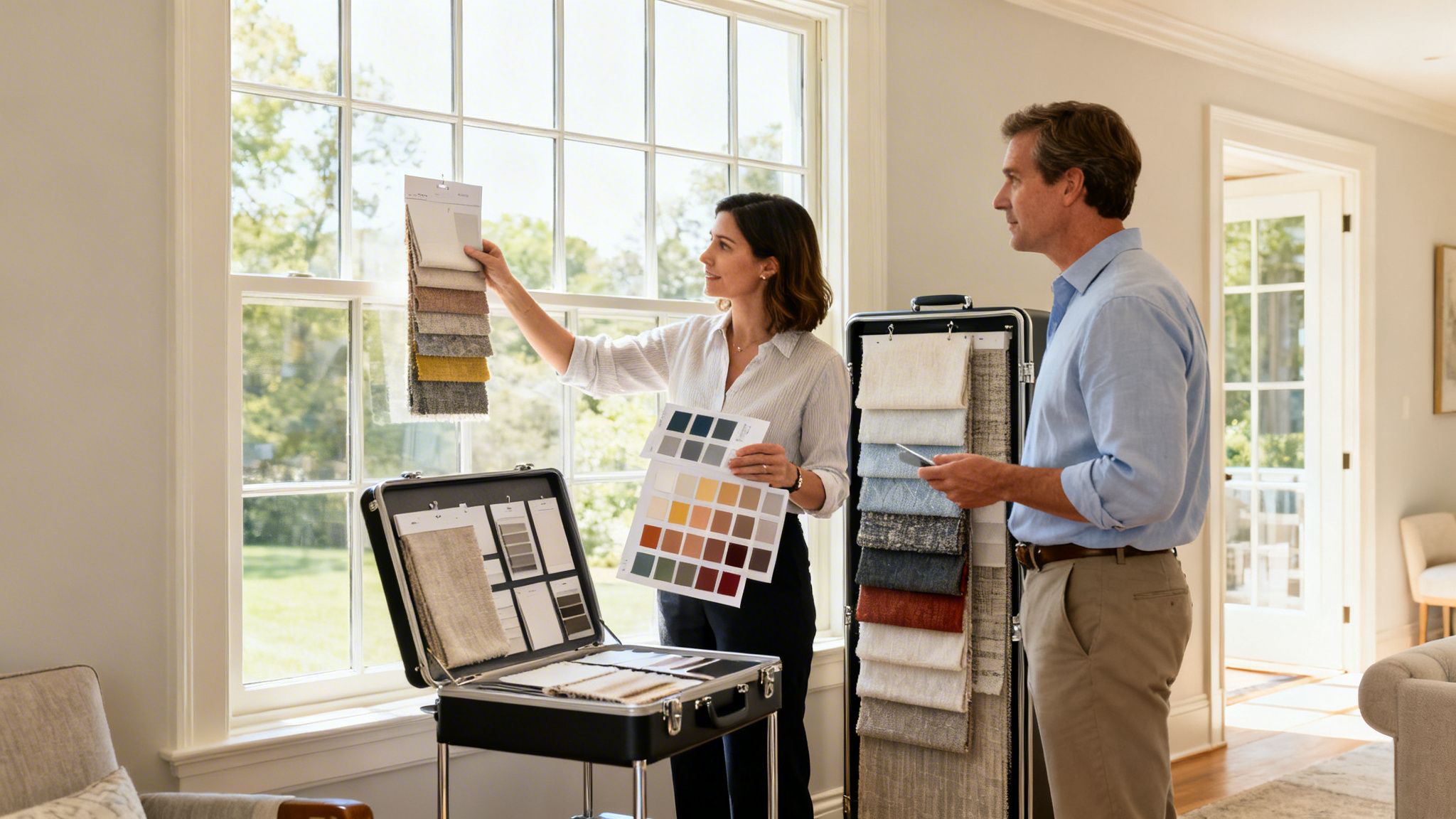 an interior designer helps a client choose custom modern window treatments and fabric samples by a bright window.