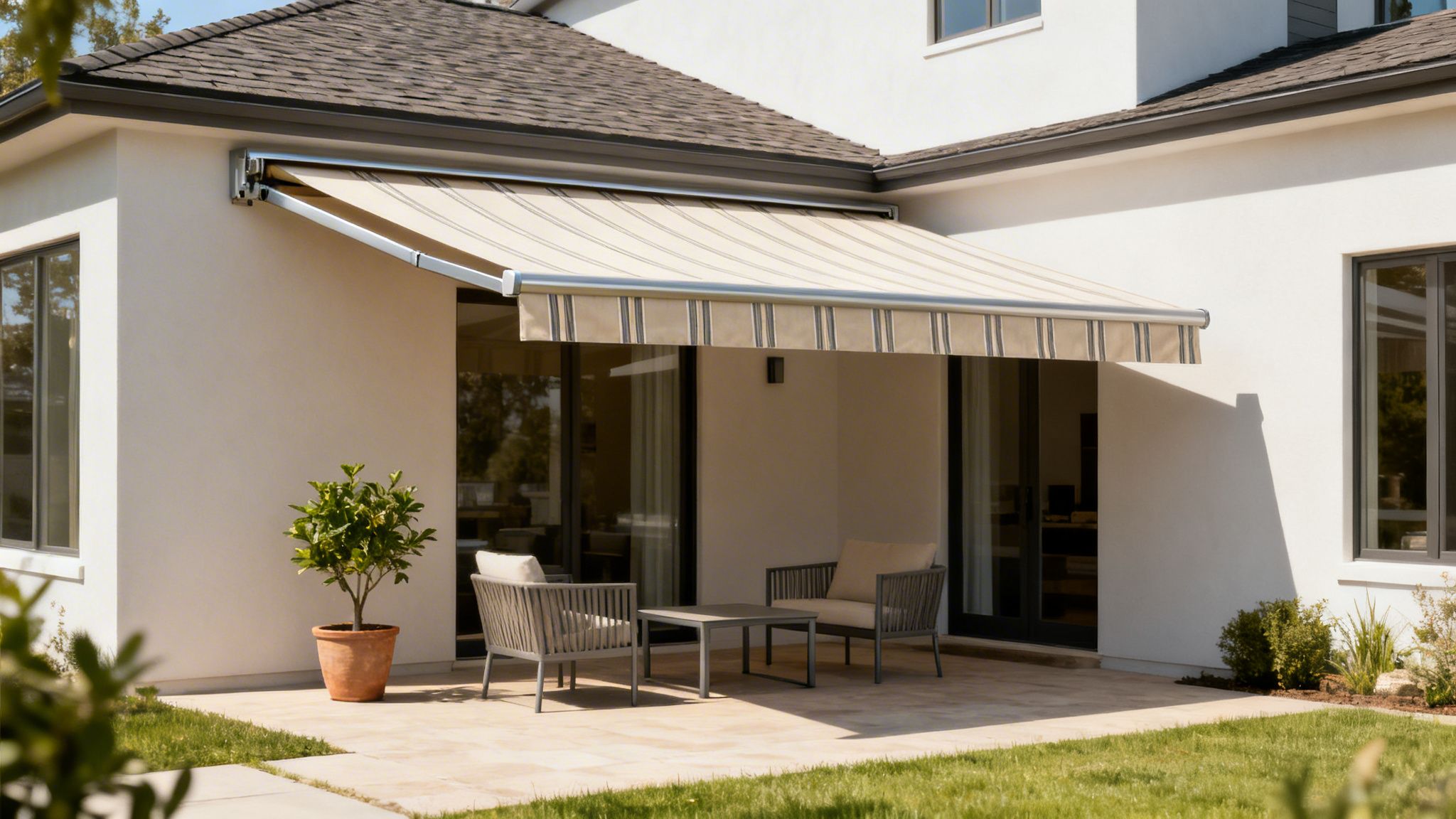 Westchester Window Fashions | Transforming Westchester Patios into Luxury Outdoor Rooms a cream and striped retractable awning extended over a modern home's patio with outdoor furniture.